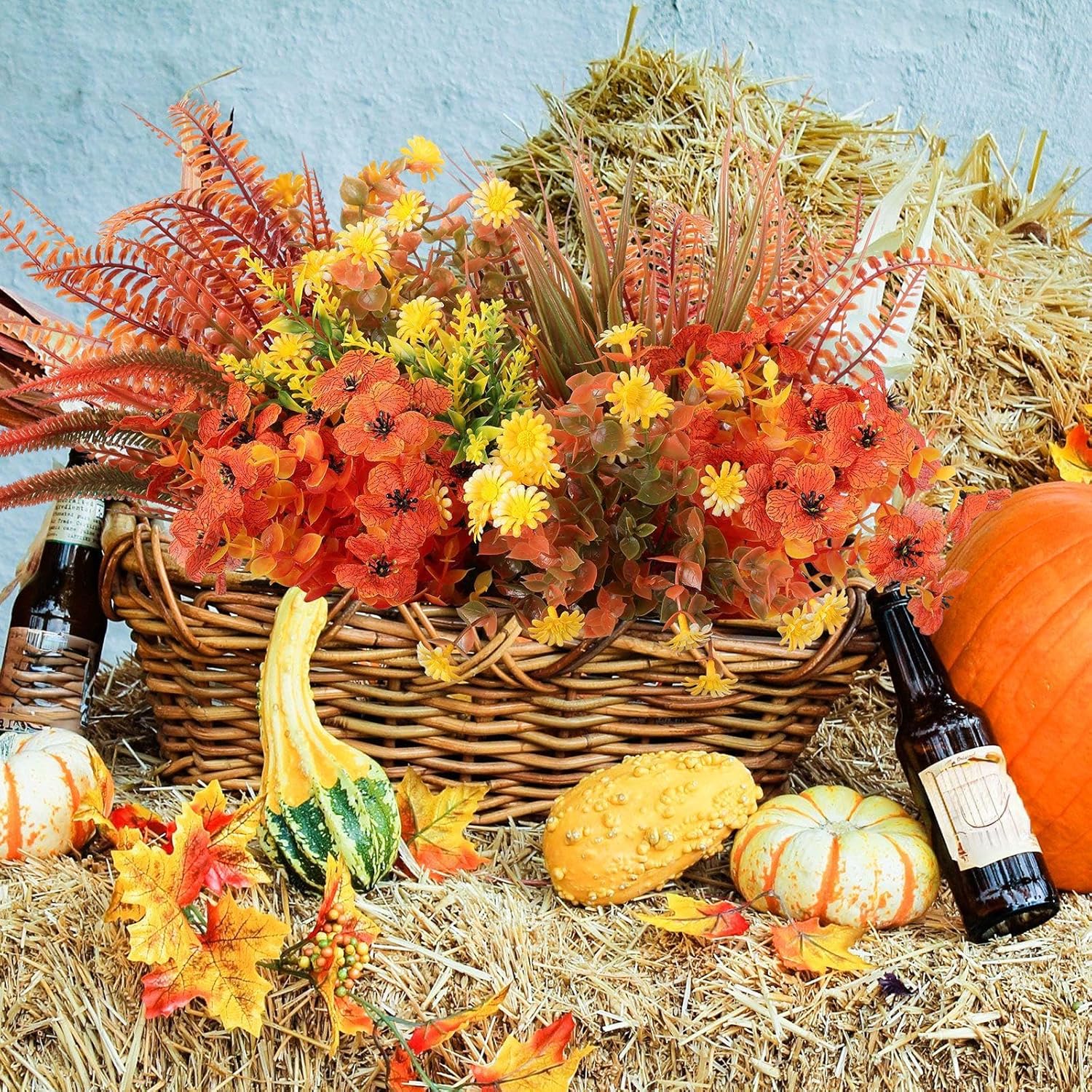 Cindeer 24 Pcs Fall Artificial Flowers Plants Outdoor UV Resistant Artificial Fake Plants Autumn Plastic Faux Flowers Plants for Fall Thanksgiving Hanging Planter Porch Window Home Wedding Decor
