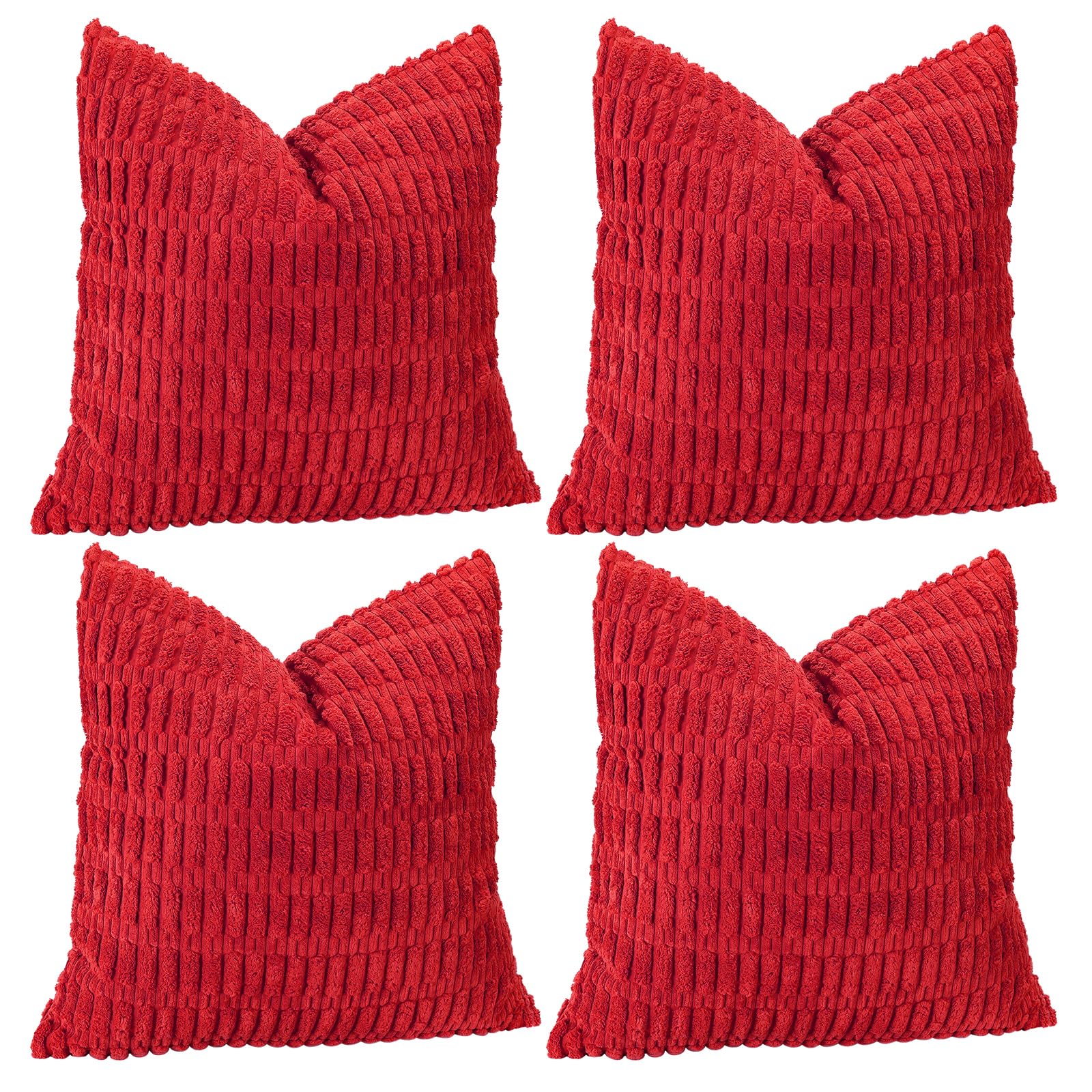 Sungeek Set of 4 Soft Corduroy Decorative Cushion Covers 55x55cm Square Striped Throw Pillow Covers 22x22 Inch for Sofa Couch Living Room Patio Farmhouse Boho Home Decor Pillowcases (Red)