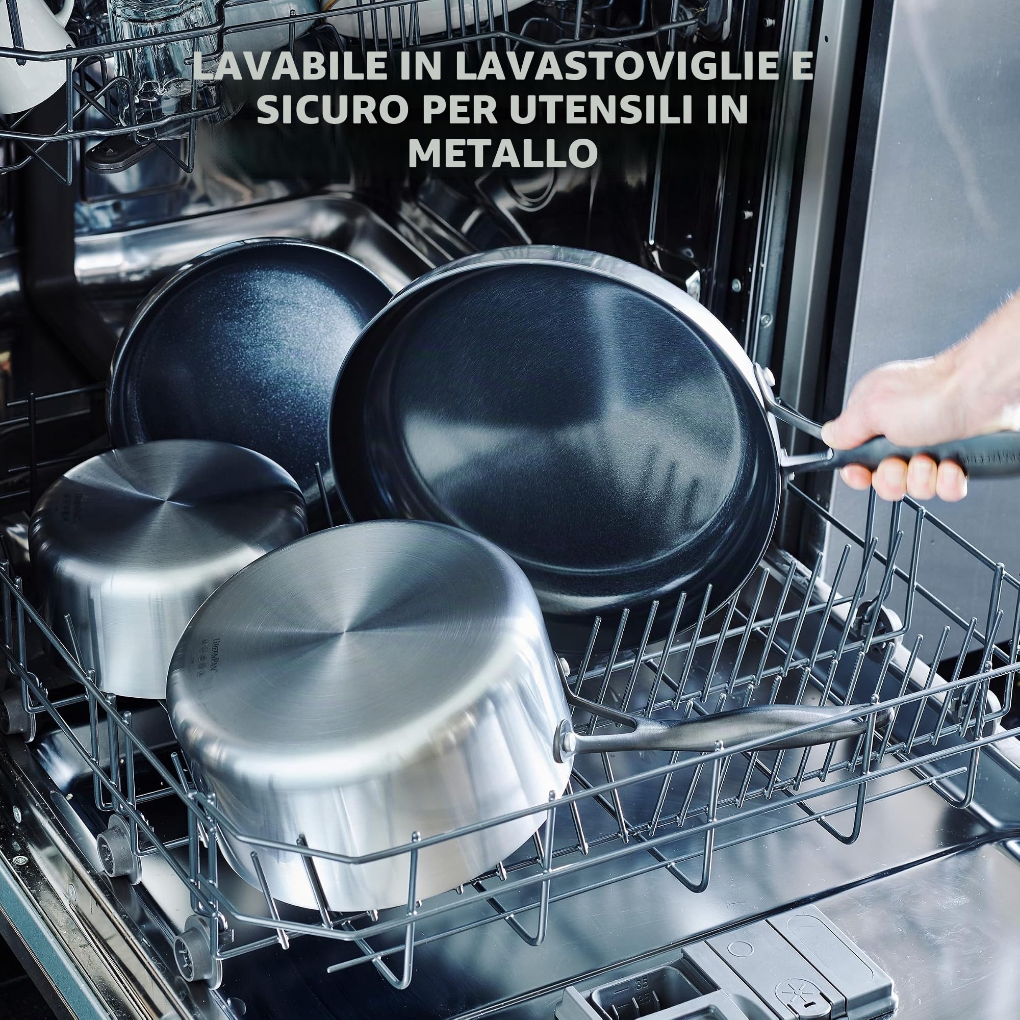 GreenPan Venice Pro Noir Tri-Ply Acciaio Inox Ceramica Sana Antiaderente Set di padelle da 20cm e 26cm, Manico Nero Opaco, Senza PFAS, Induzione, Lavabile in Lavastoviglie, Forno, Argento