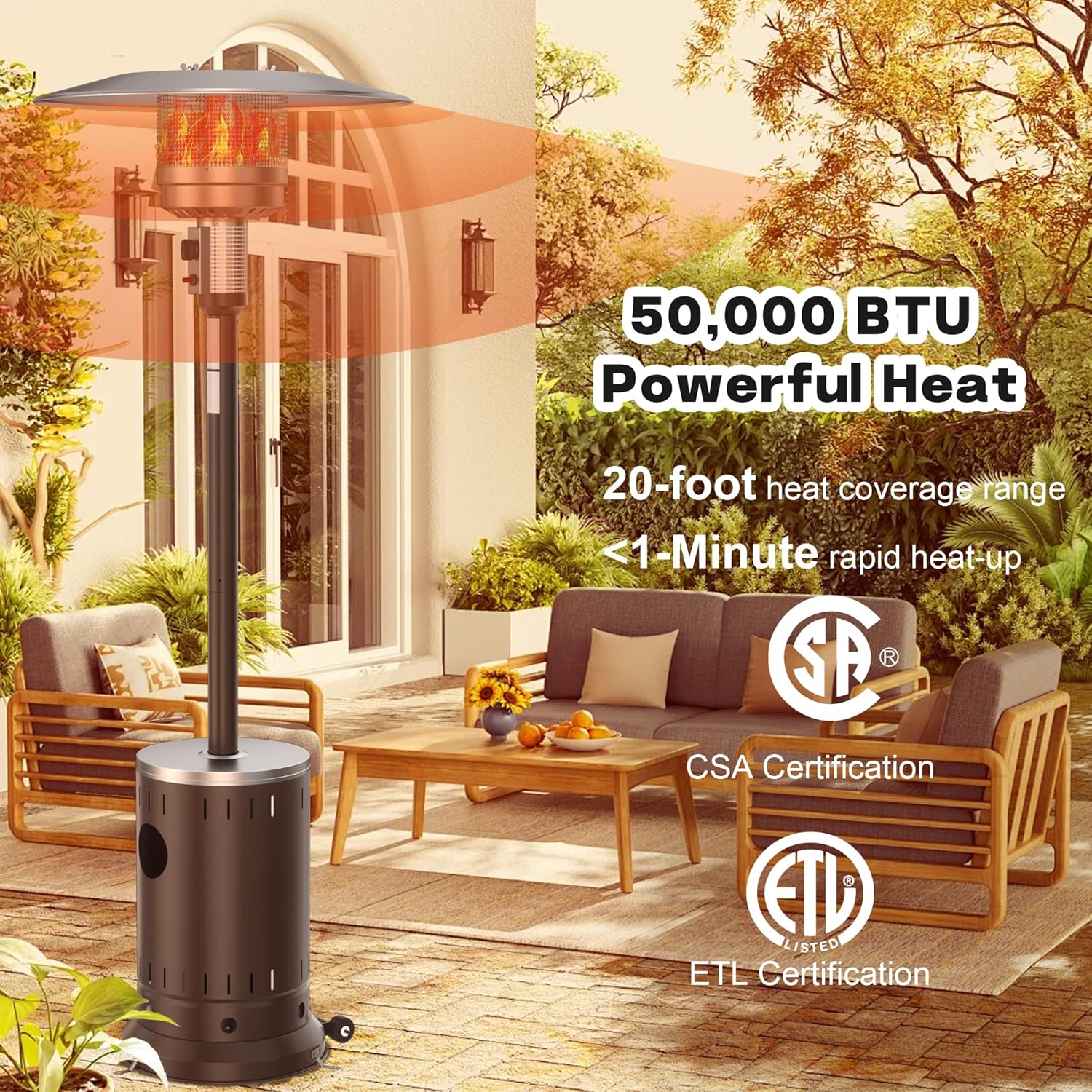 50,000 BTU Patio Heater - Propane Patio Heater with Double-Layer Stainless Steel Burner, Space Heater, Outdoor Heaters with Wheels Used for Garden, Patio and Residential, Brown