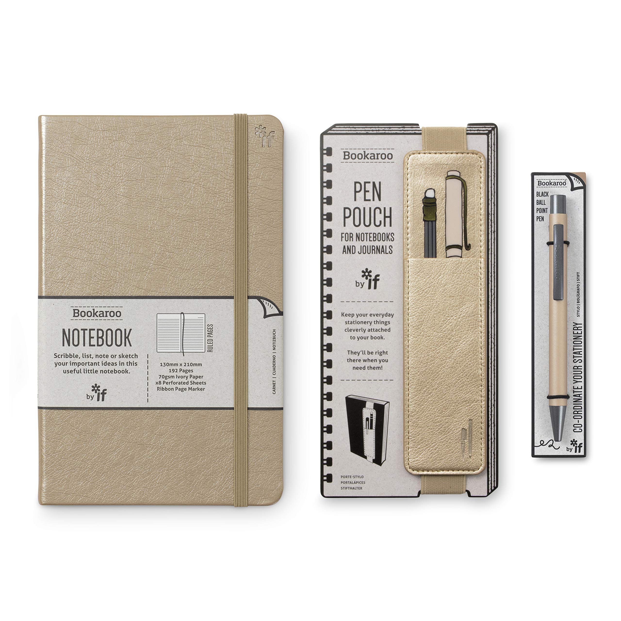 IF Bookaroo Notebook, Pen Pouch & Pen Set, Gold. Hard Cover Notebook with Contrasting Elastic and Ribbon, A5 21.5 x 13.5cm