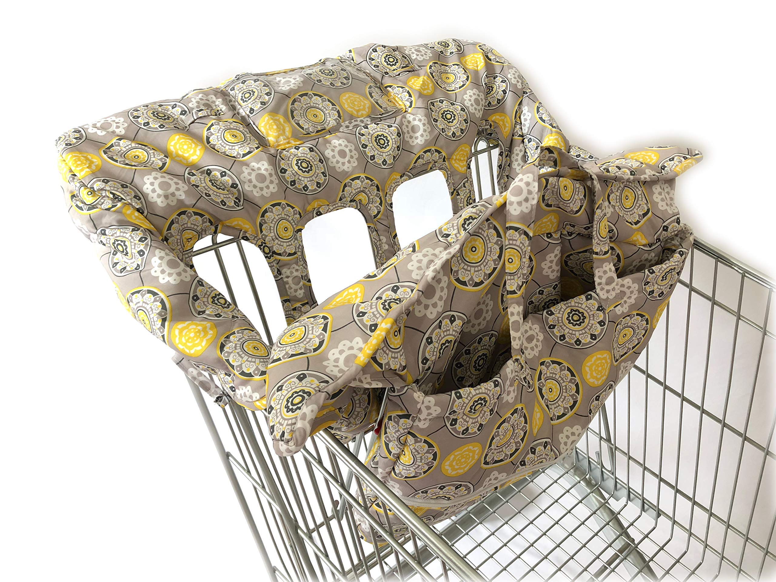 4 Leg Holes X-Large Size with Elastric Yellow Flower Cushion for Twin Double Shopping Cart Cover for Baby Siblings which can be Folded into one Sling Bag