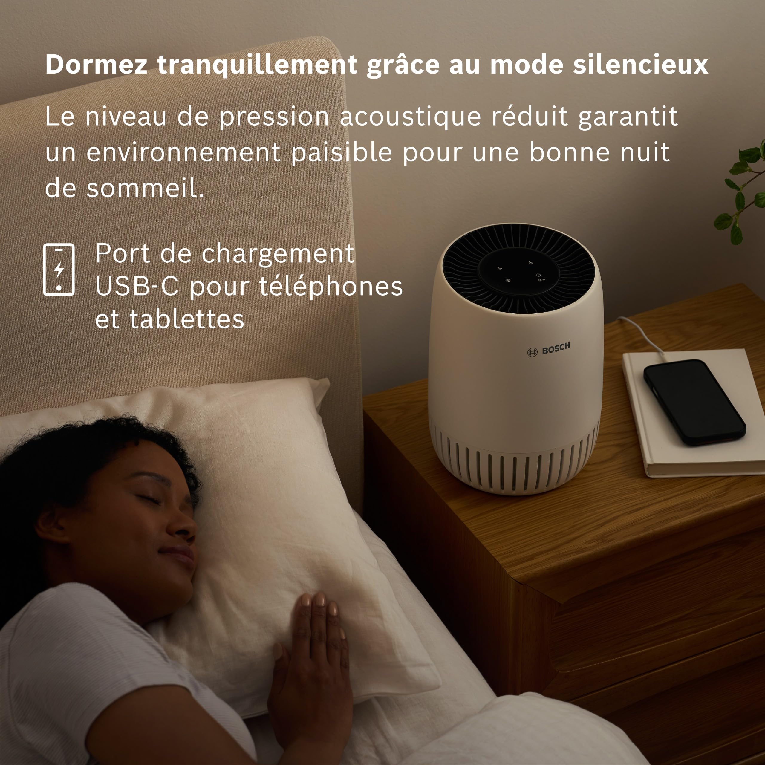 Bosch Air 500, Purificateur d'air, Pour pièces jusqu'à 23 m² | Avec filtre à air 2-en-1, mode automatique, mode silencieux (< 25 dB(A)), CADR : 70 m³/h