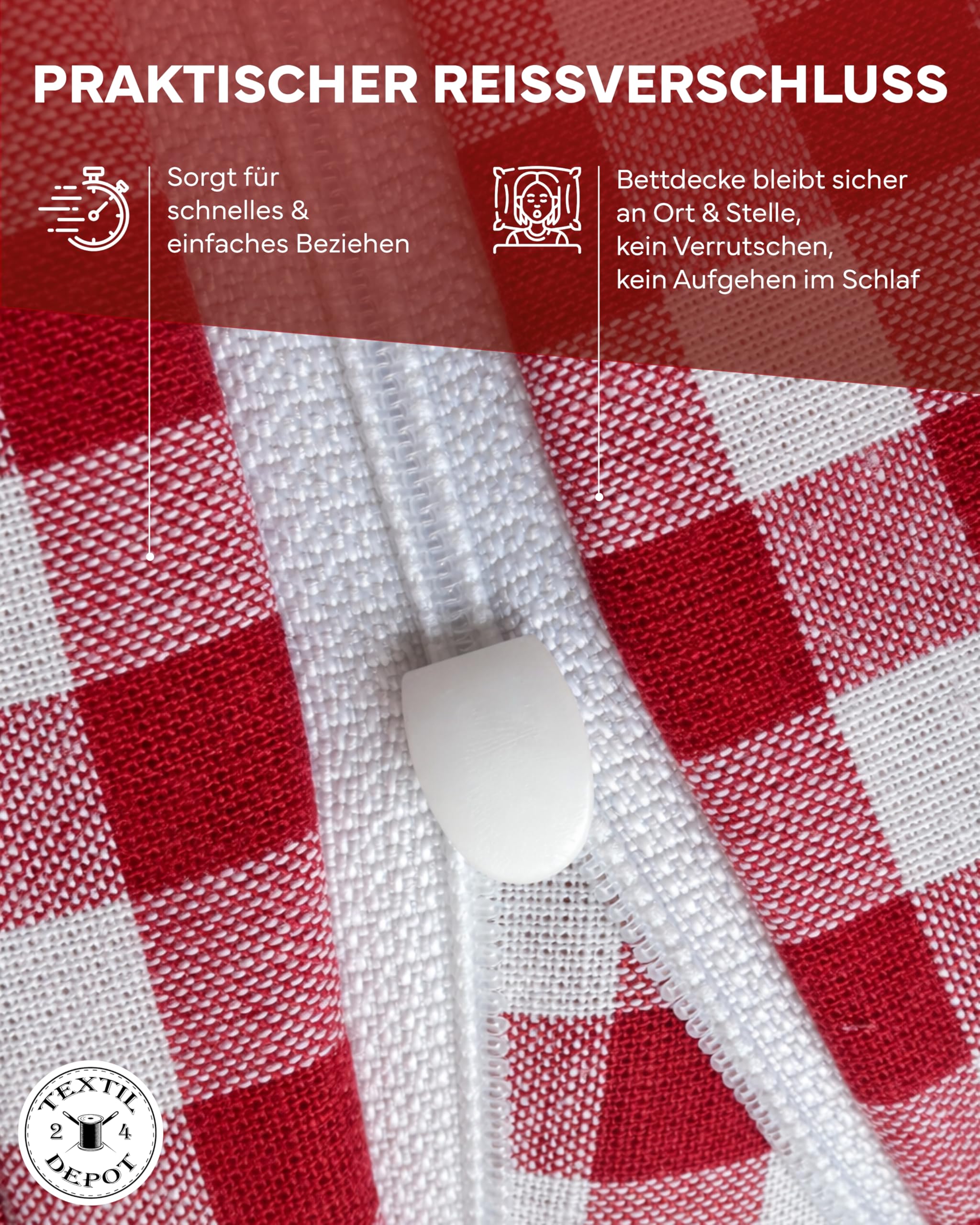 Landhaus Bettwäsche Garnitur Baumwolle 135 x 200 cm + 80 x 80 cm kariert rot-weiß 10mm Karo Reißverschluss