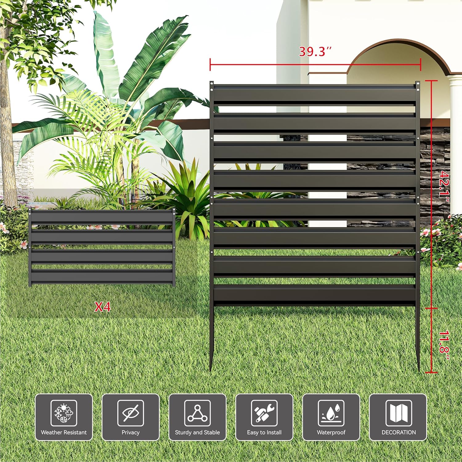 42" H x 39" W (2 Panels) No-Dig Metal Fence Privacy Screen, Outdoor Air Conditioner Fence, Trash Can Hider, Pool Eequipment Enclosure, Small Decorative Fencing Panels for Backyard, Garden, Black