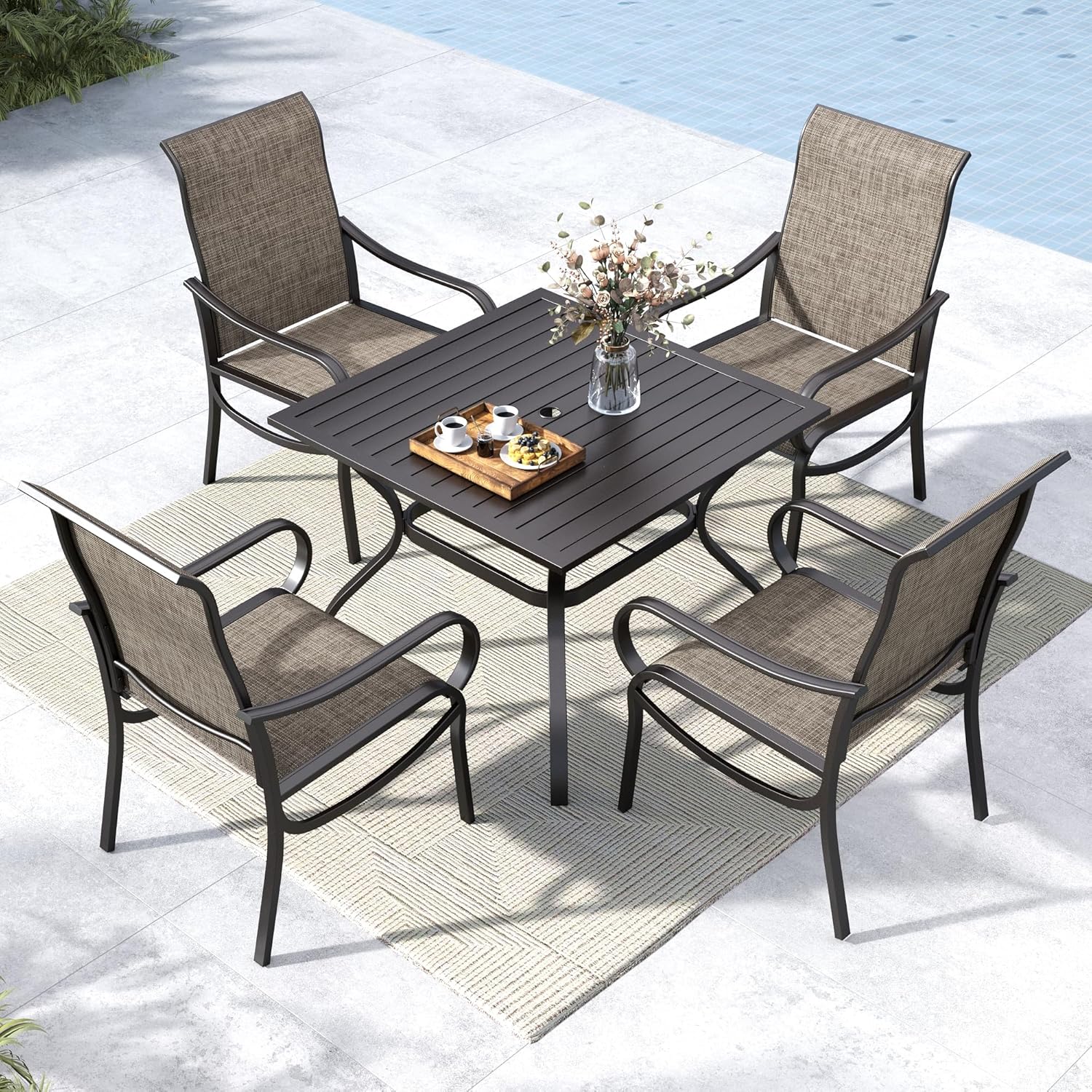 MFSTUDIO Patio Dining Set for 4, Outdoor Table and Chairs for Deck Backyard Poolside, 5 Piece Patio Furniture Dining Set with Umbrella Hole