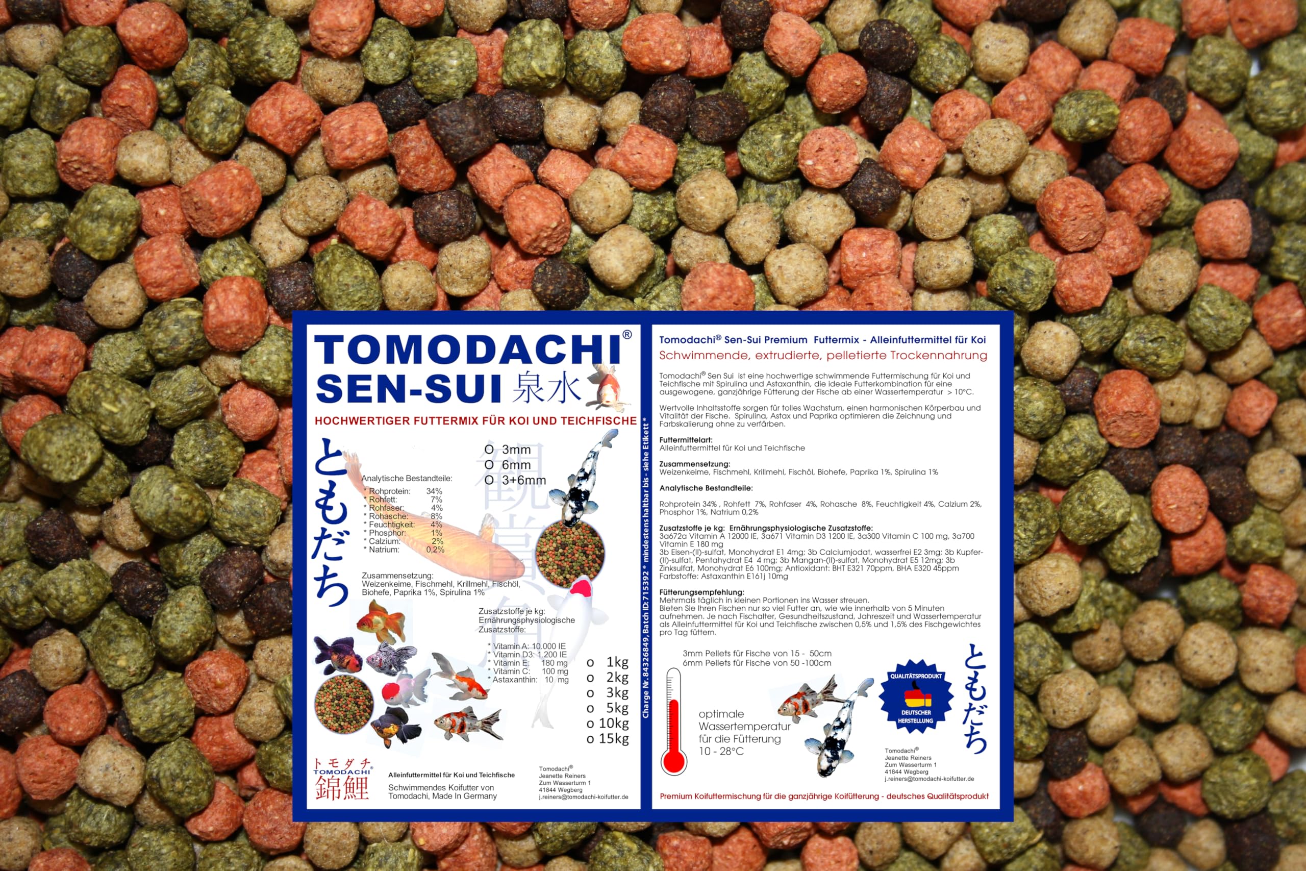 Koifuttermischung, Koifutter, Schwimmfutter, Premium Koimix, 4farbig Rot-Grün-Weiß-Braun, Teichfuttermix, Spirulina, Astax, Paprika, Krillmehl.Koifuttermix für Koi + Teichfische 15kg, 3 + 5mm gemischt