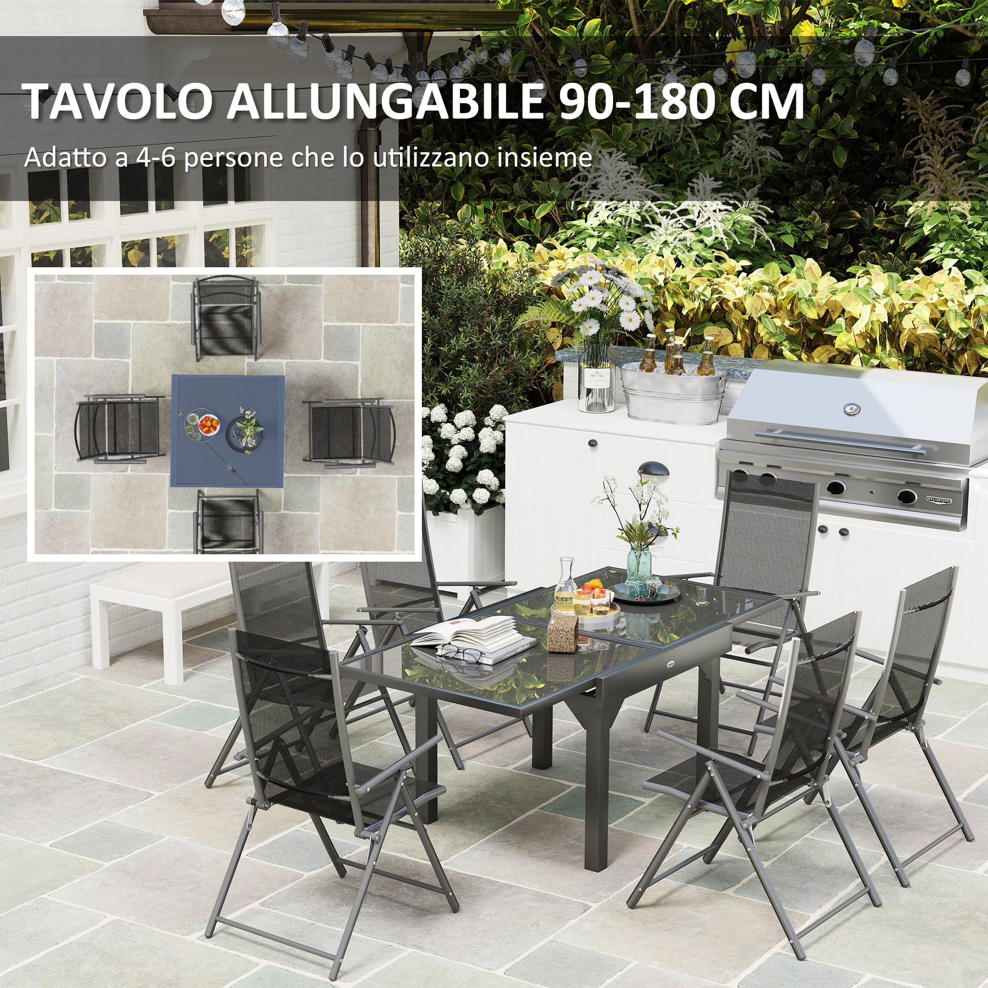 Outsunny Set Tavolo e Sedie da Esterno 7 Pezzi, Tavolo Allungabile con Piano in Vetro, 6 Sedie Pieghevoli con Braccioli, Acciaio e Textilene, Grigio