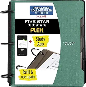 Five Star Caderno flexível recarregável + aplicativo de estudo, papel pautado para faculdade e fichário TechLock de 3,5 cm com bolsos, abas e divisórias, capacidade para 300 folhas, verde (29324AQ8)
