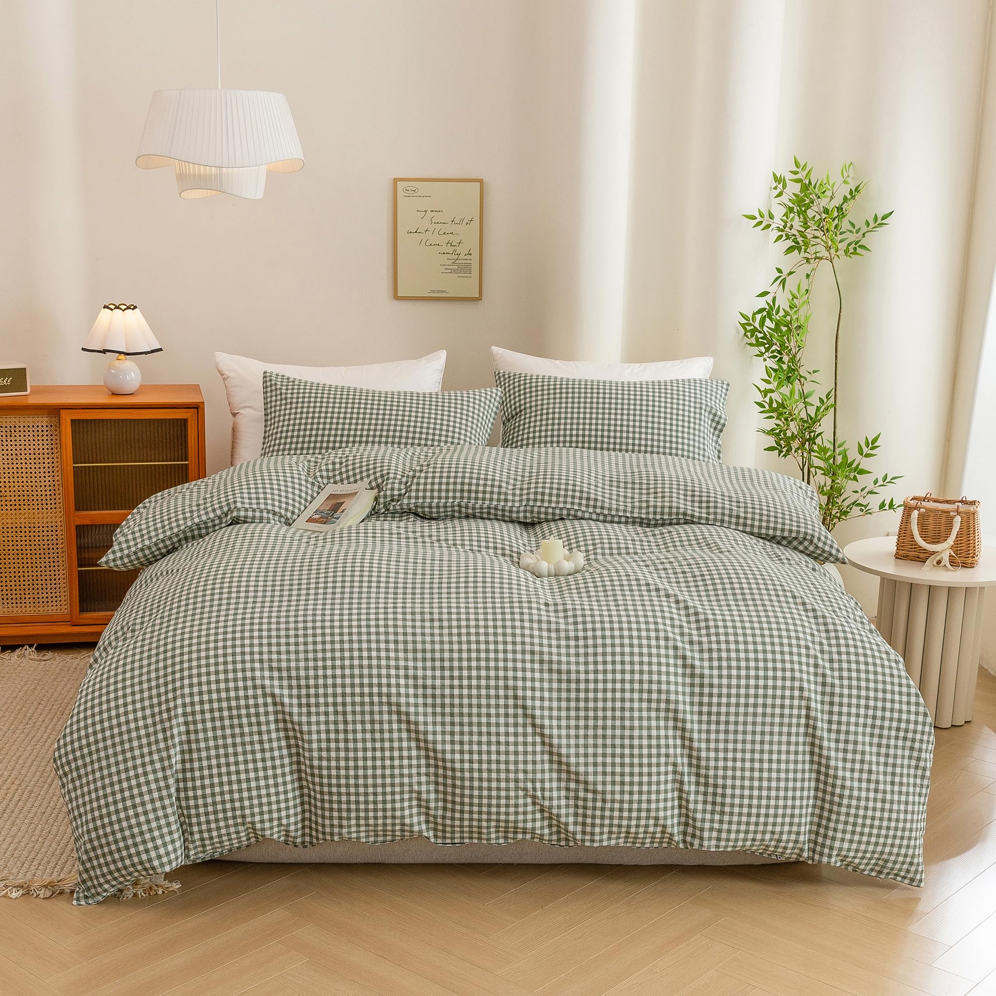 ECOCOTT Green Gingham Duvet Cover King Size 100% Washed Cotton Like Linen Feel Super Soft &amp; Comfy Bedding Set Modern Checkered Design for All Seasons
