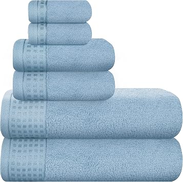 GLAMBURG 100% Cotton Ultra Soft 6 Pack Towel Set, Contains 2 Bath Towels 28x55 Inches, 2 Hand Towels 16x24 Inches & 2 Wash Coths 12x12 Inches, Compact Absorbent Lightweight & Quickdry - Sky Blue
