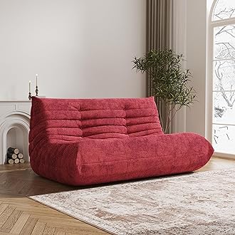 Bean Bag Chair Loveseat, 2 Seater, Red, Teddy Fabric, Modern, L-Shaped, Adults & Teens, Living Room & Bedroom