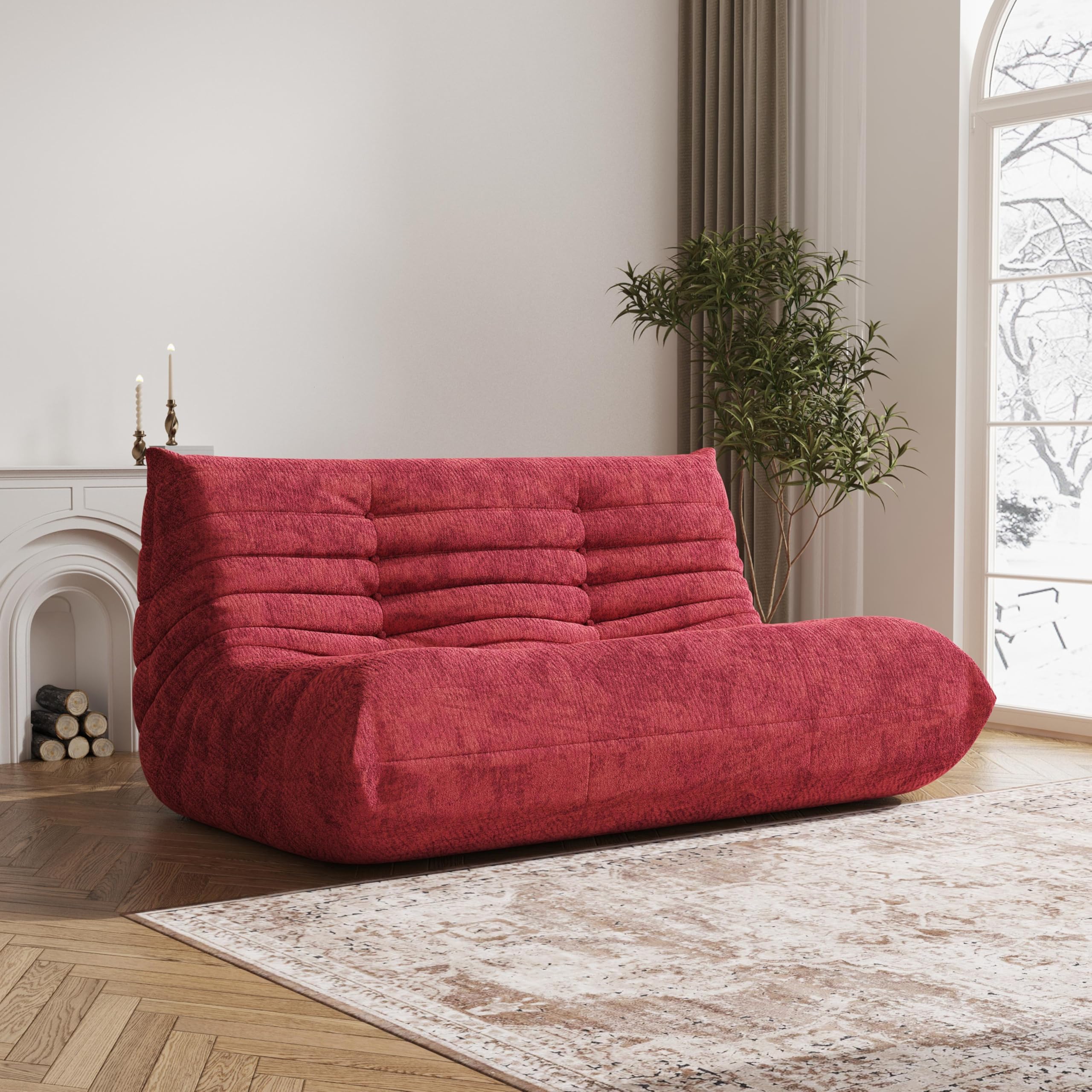 Bean Bag Chair Loveseat, 2 Seater, Red, Teddy Fabric, Modern, L-Shaped, Adults & Teens, Living Room & Bedroom