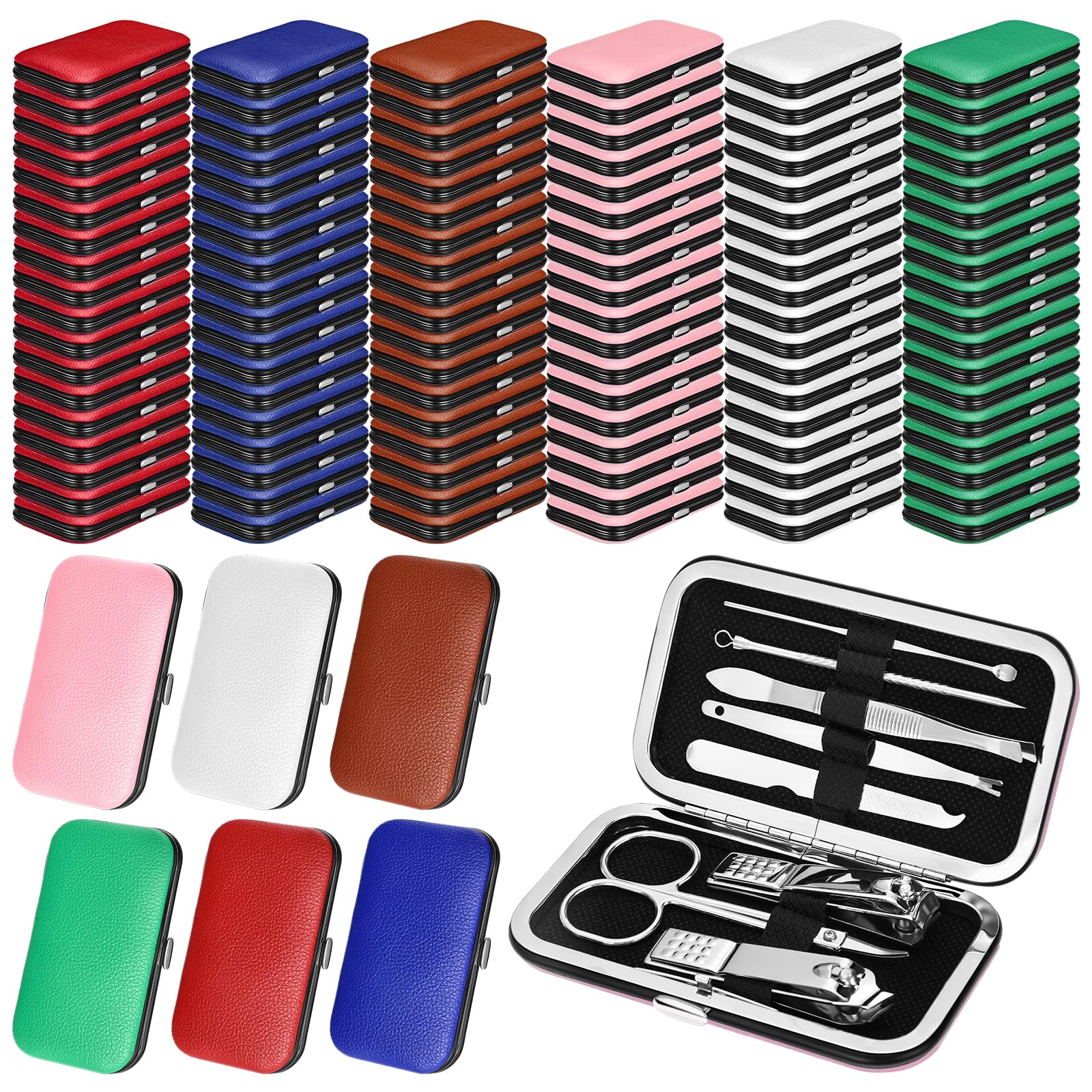 Leriton 120 Pack Manicure Set Bulk, 8 in 1 Grooming Kit Stainless Steel Nail Clipper Set with Leather Case, Portable Pedicure Kit for Women Men, Mani Pedi Set for Travel Home Salon Gift (Fresh)