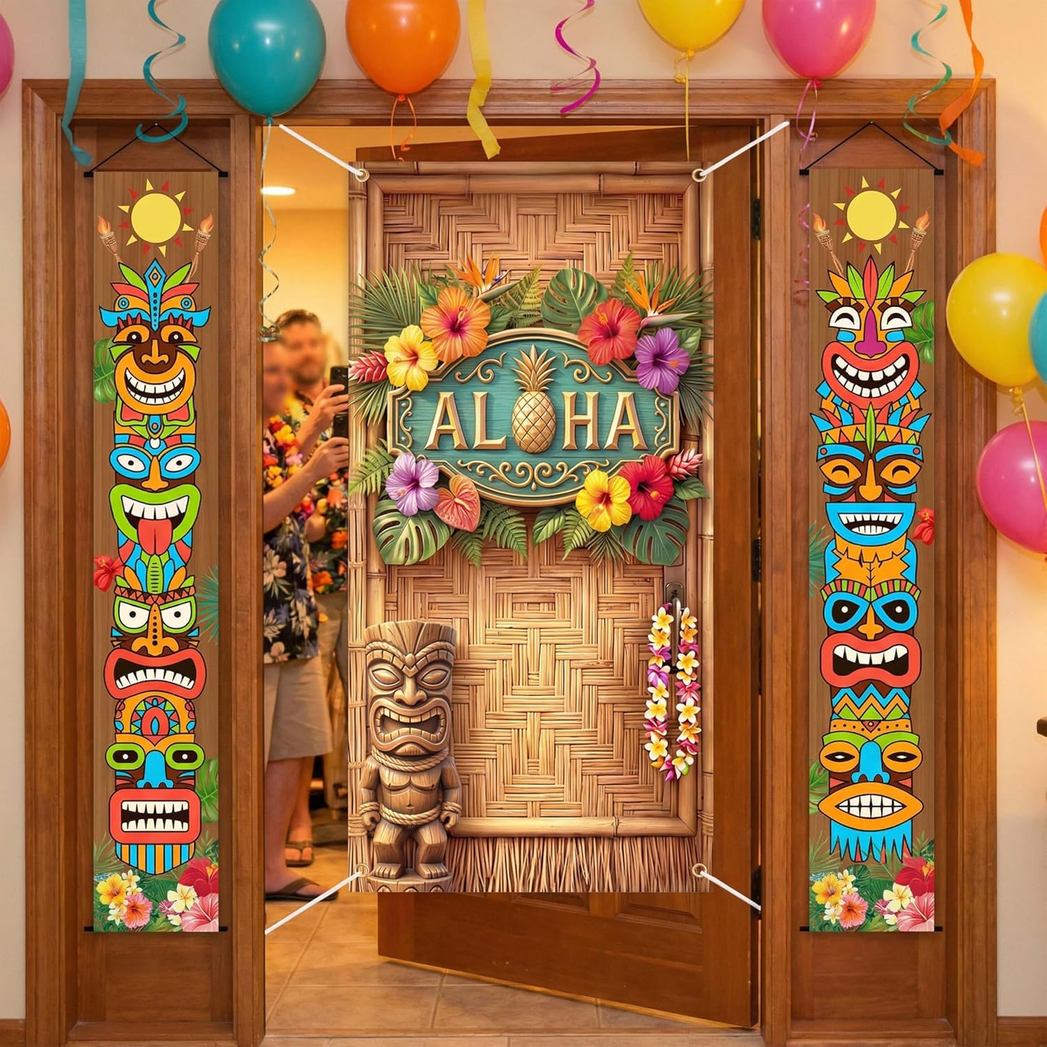 3Pcs Luau Party Decorations Door Cover Tiki Porch Sign Banner, 70.9 In Hawaiian Tropical Summer Beach Theme Party Decor Supplies for Front Door Entrance Baby Shower (Hawaiian) image 5