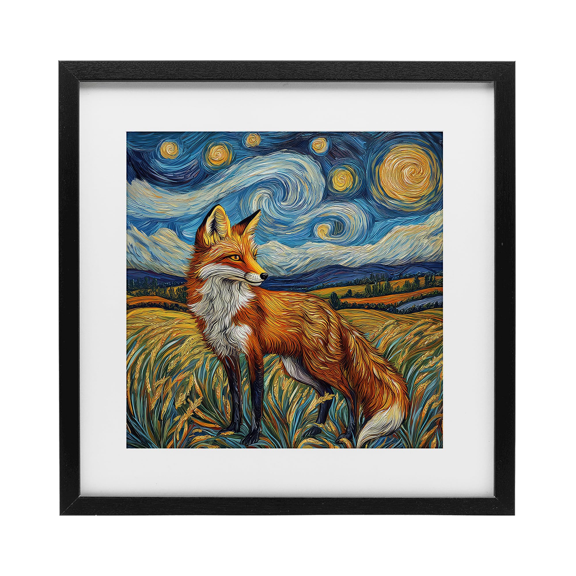 Stupell Industries Midnight Black (Textured) 'Swirling Impressionist Fox'| Framed Print Under Glass