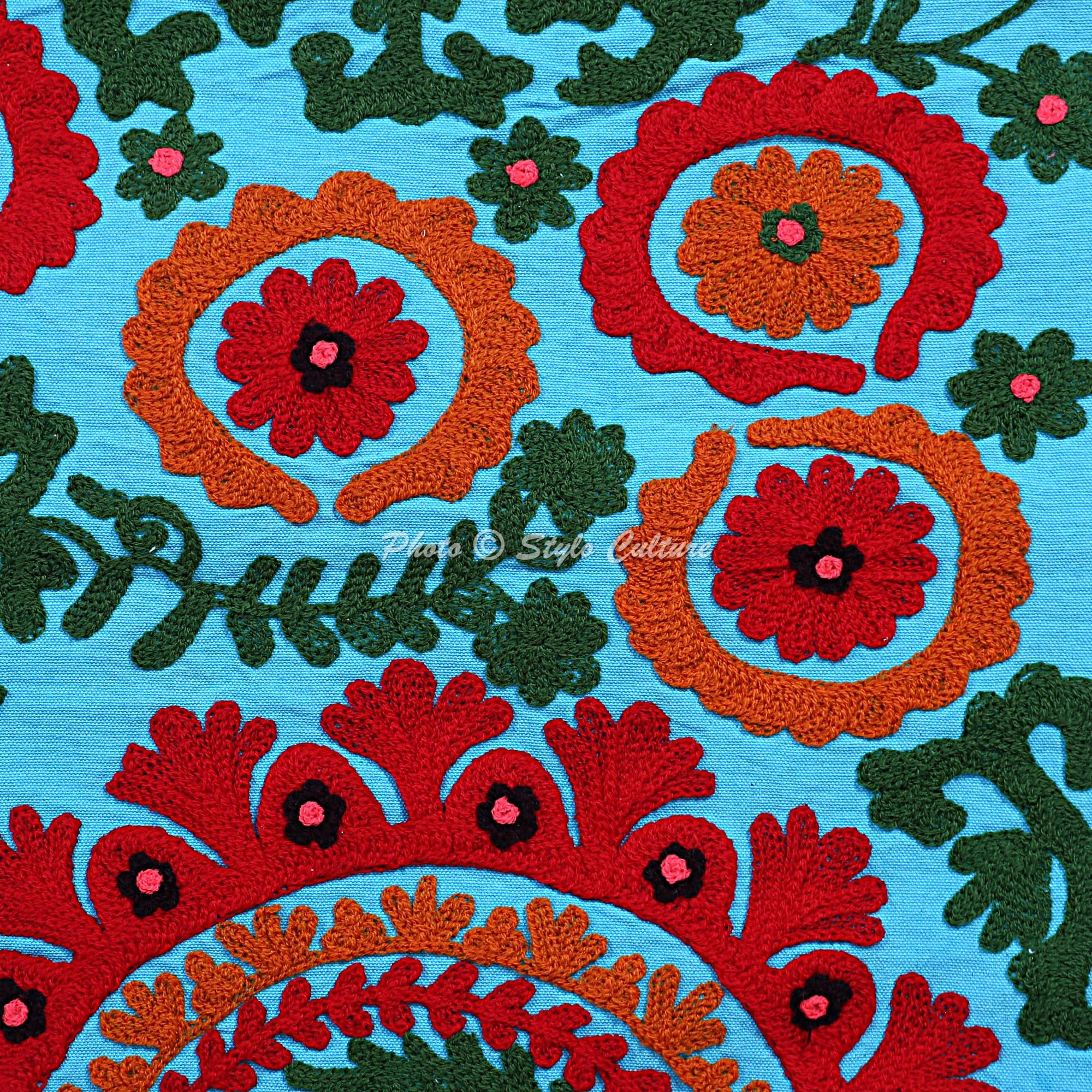 Ethnisch Dekorativ Baumwolle Couch Kissenbezüge 40x40 cm Türkis Dekokissen Suzani Bestickte Pom-Pom-Spitze Schlafzimmer Sofa Kissen Bezüge Blumen Quadrat Kissenhullen - 4 STK.