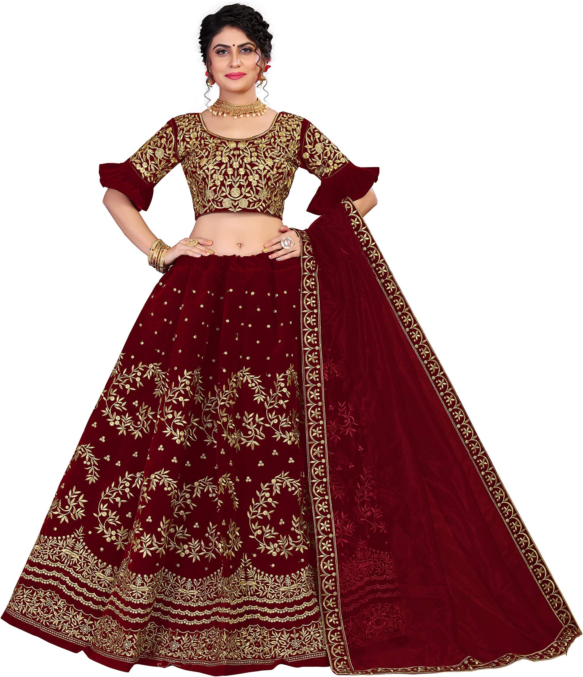Ethnicset Velvet Embroidered Lehenga Choli Ladies Semistitched Lehenga Ghaghra Choli (Red) (maroon), Free Size