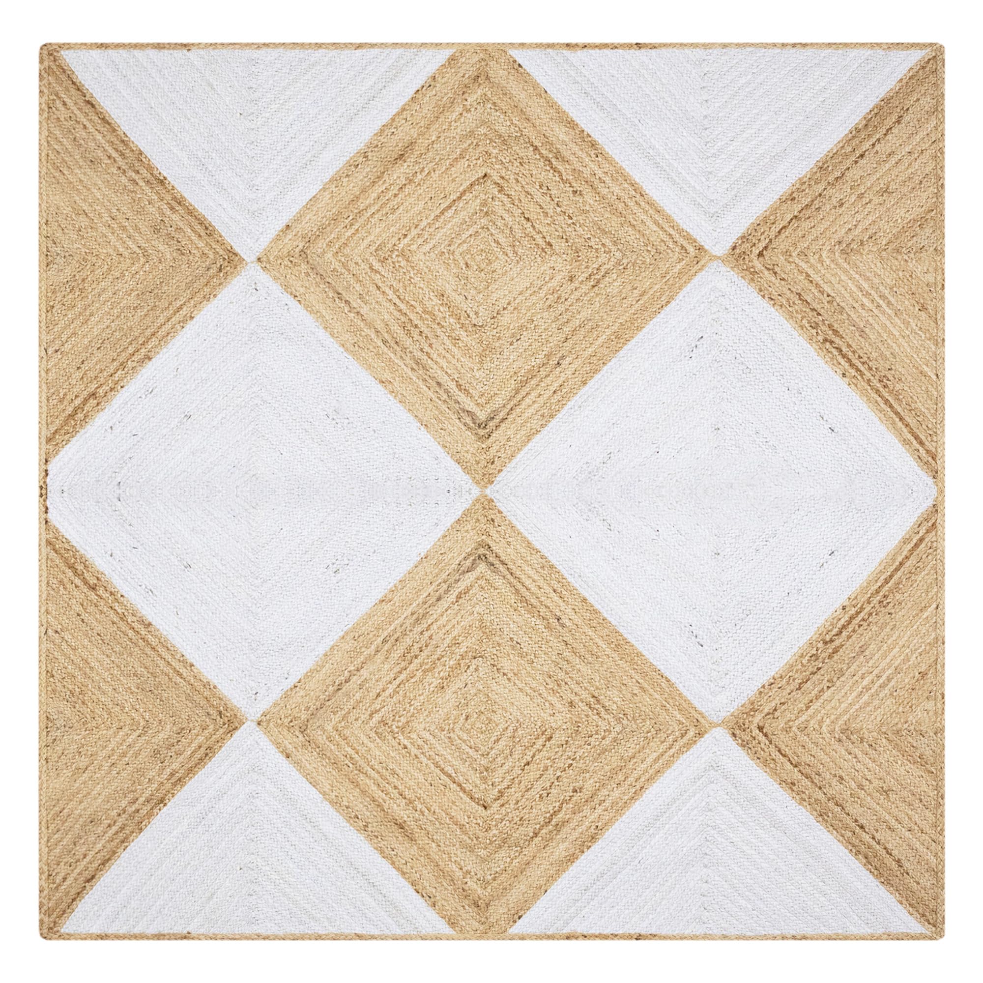 Tapis carré en jute naturelle 1,5x1,5m tressé beige et blanc