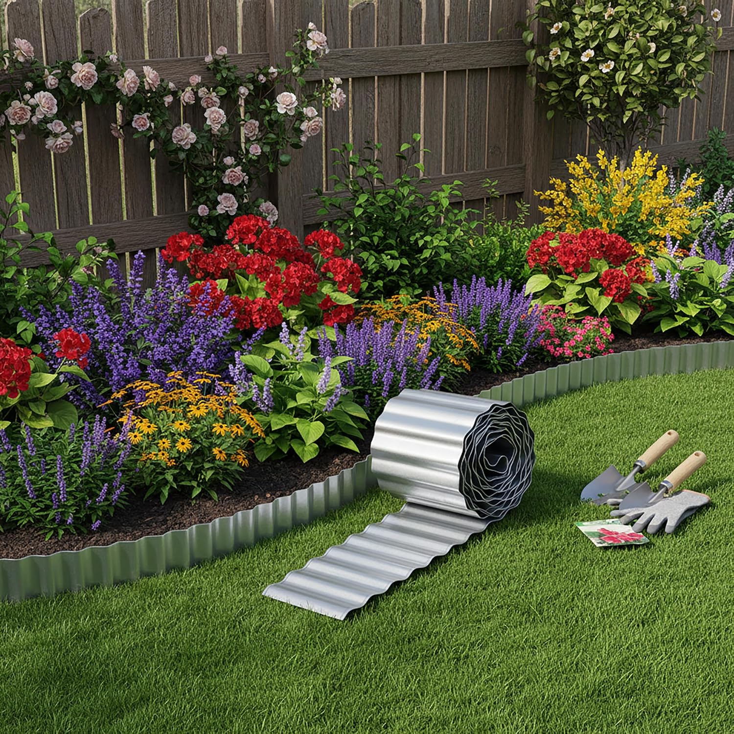 Relaxdays Lawn Edging 5m x 14cm Galvanised Metal Roll Flexible Flower Bed Edging Border for Flower Bed & Lawn Silver