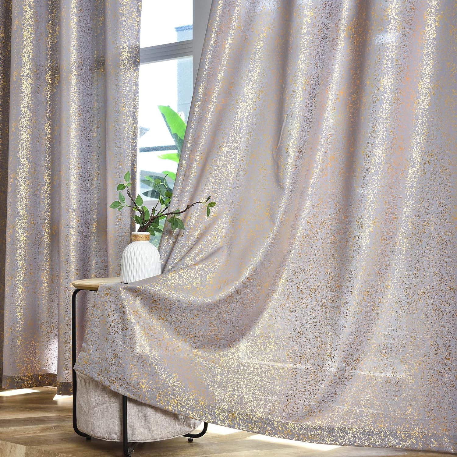 TERLYTEX Grey Gold Curtains 63 Inch Length for Bedroom, Metallic Gold Foil Spary Spots Shimmer Window Curtain Panels, Grommet Privacy Semi-Sheer Curtains, 52 x 63 Inch, 2 Panels, Gold Grey 52"W x 63"L (Pack of 2) Gold Grey Semi-sheer