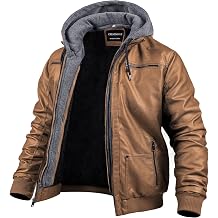 CREATMO US Mens Faux Leather Jacket Motorcycle Jacket Waterproof Windproof PU Moto Vintage Bomber Hoodie with Removable Hood