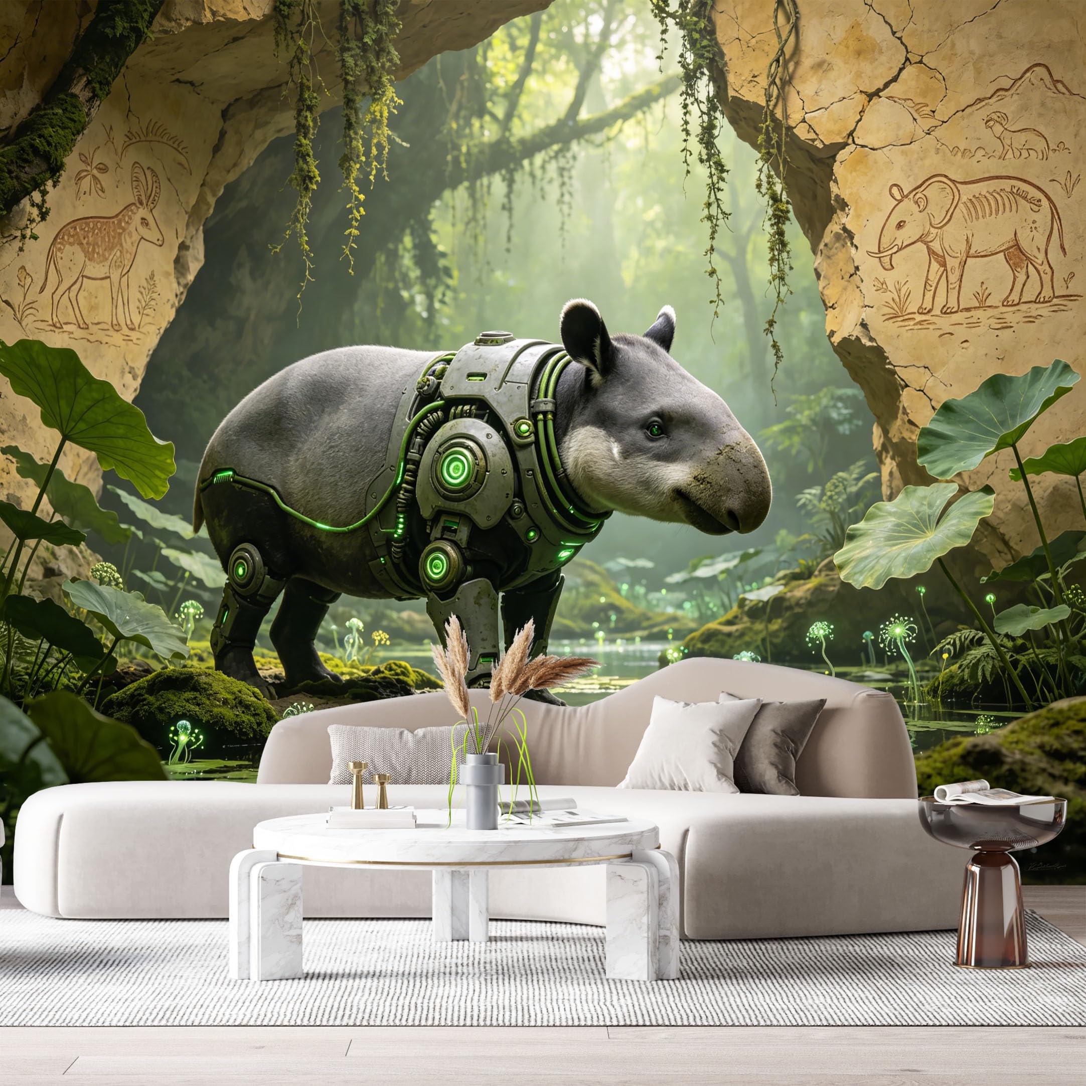 Custom Size Wall Mural Cyber Jungle Mechanical Armor Tapir SciFi Forest Mech Beast Futuristic Nature Neon Green Glow SelfAdhesive Art Prints Removable Wallpaper Esports Game Room Studio