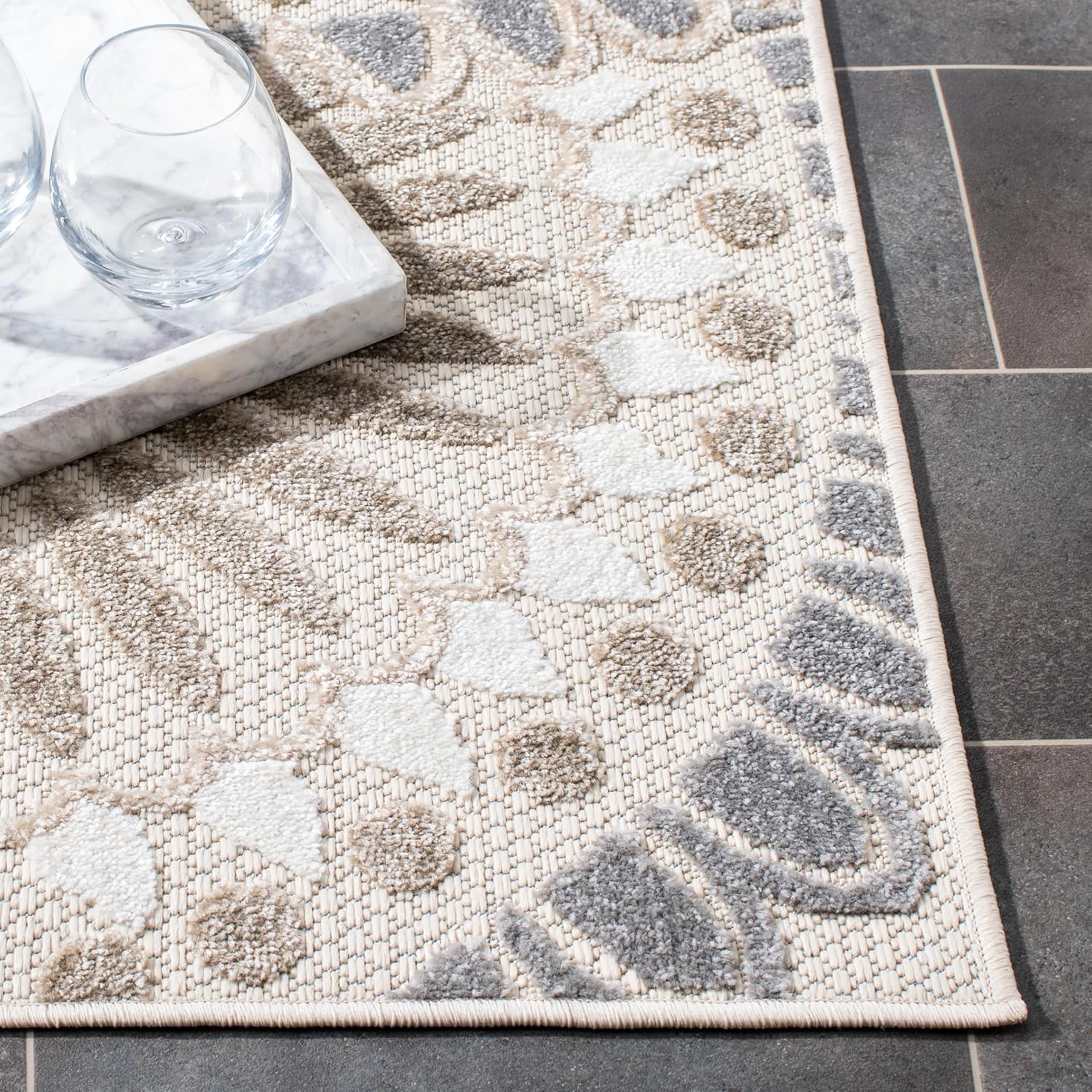 SAFAVIEH Washable Rug Outdoor Cabana Collection - 3' Square, Grey & Ivory, Non-Shedding & Easy to Clean, Ideal for Patio, Backyard, Mudroom (CBN382F)