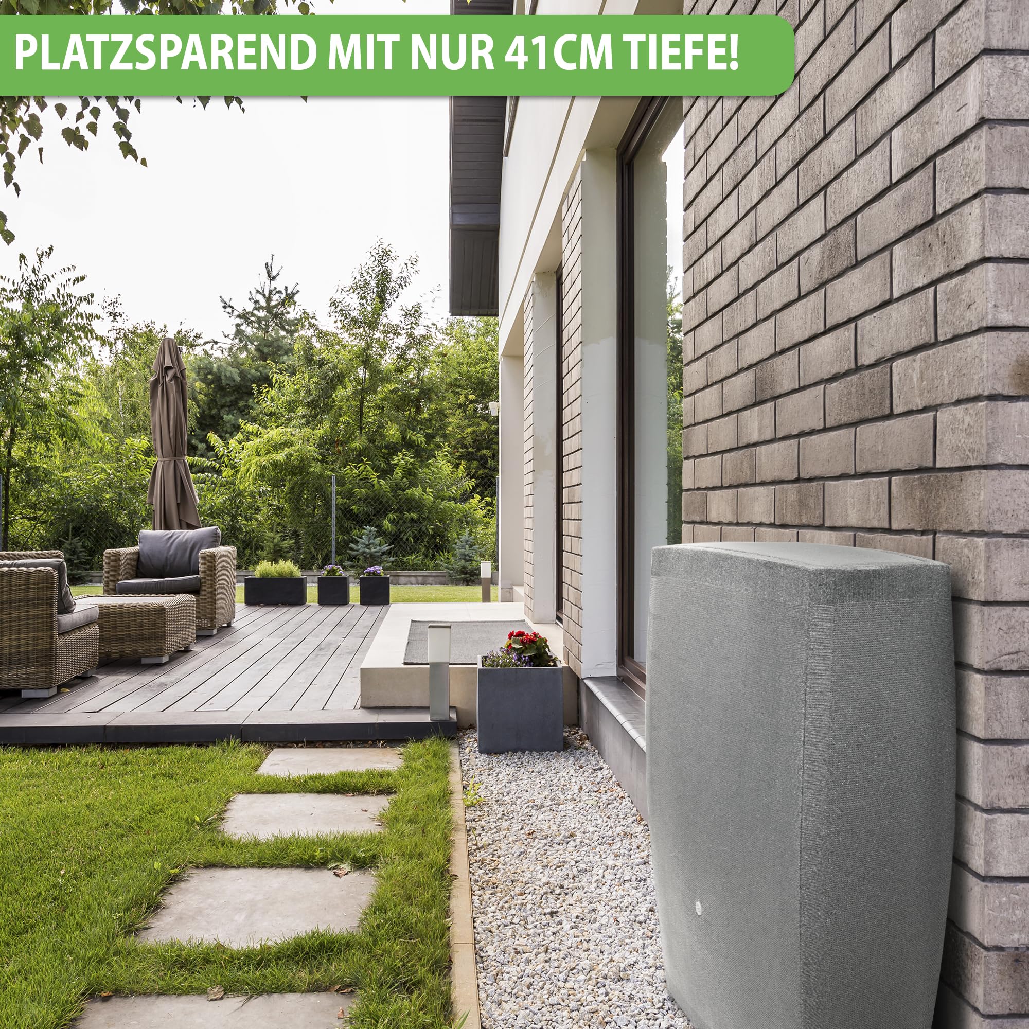 YourCasa Regentonne 275 Liter [SquareLux Rain] Eckig & Schmal - Metallgewinde und Deckel- Regenfass Frostsicher aus Kunststoff - Regenwassertonne - Regenwassertank Garten Wassertank (Grau)
