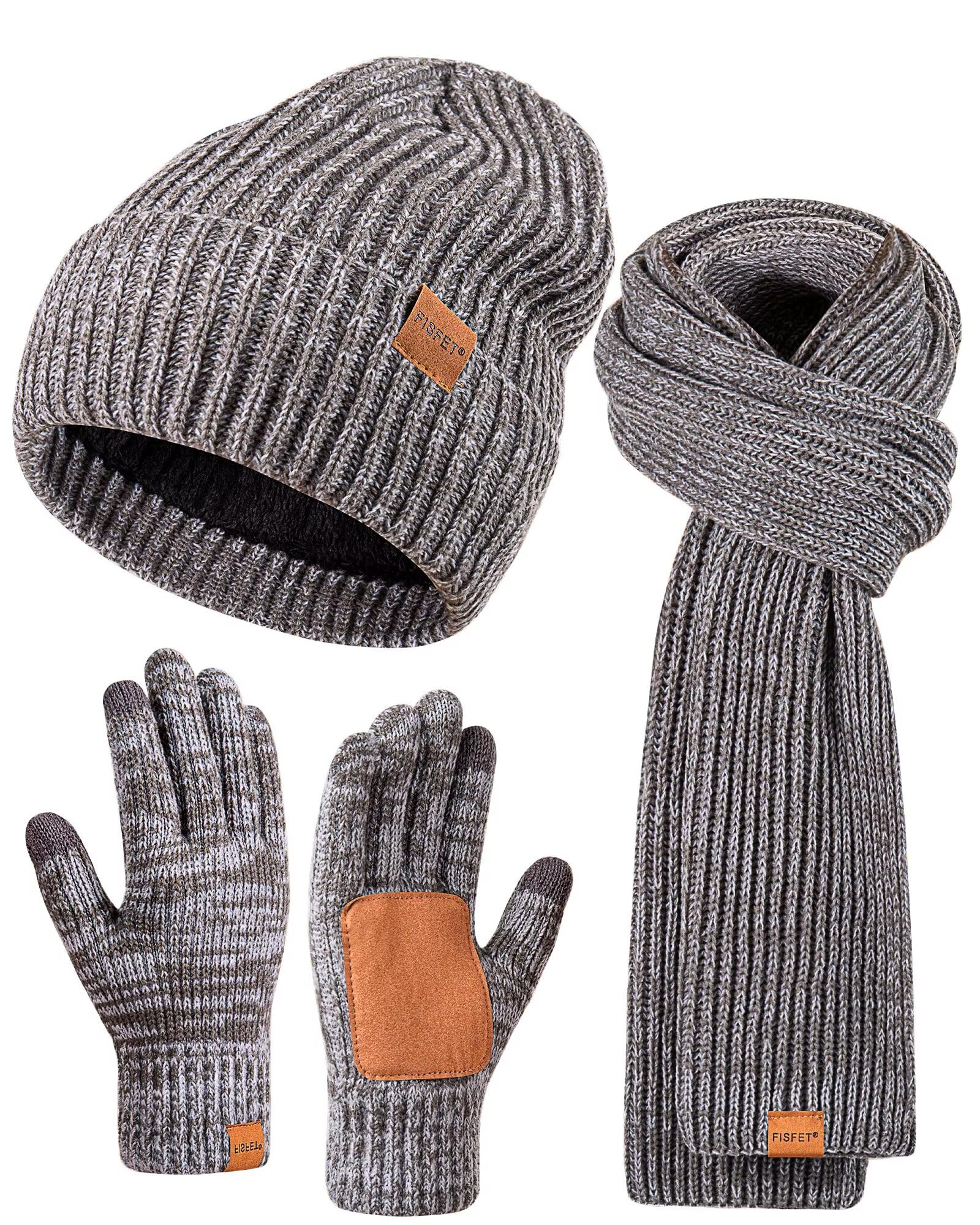 Winter Hat Gloves Scarf Set for Men Women, Mens Beanie Long Scarf Touchscreen Gloves for Cold Weather, 3 in 1 Warm Gift Set