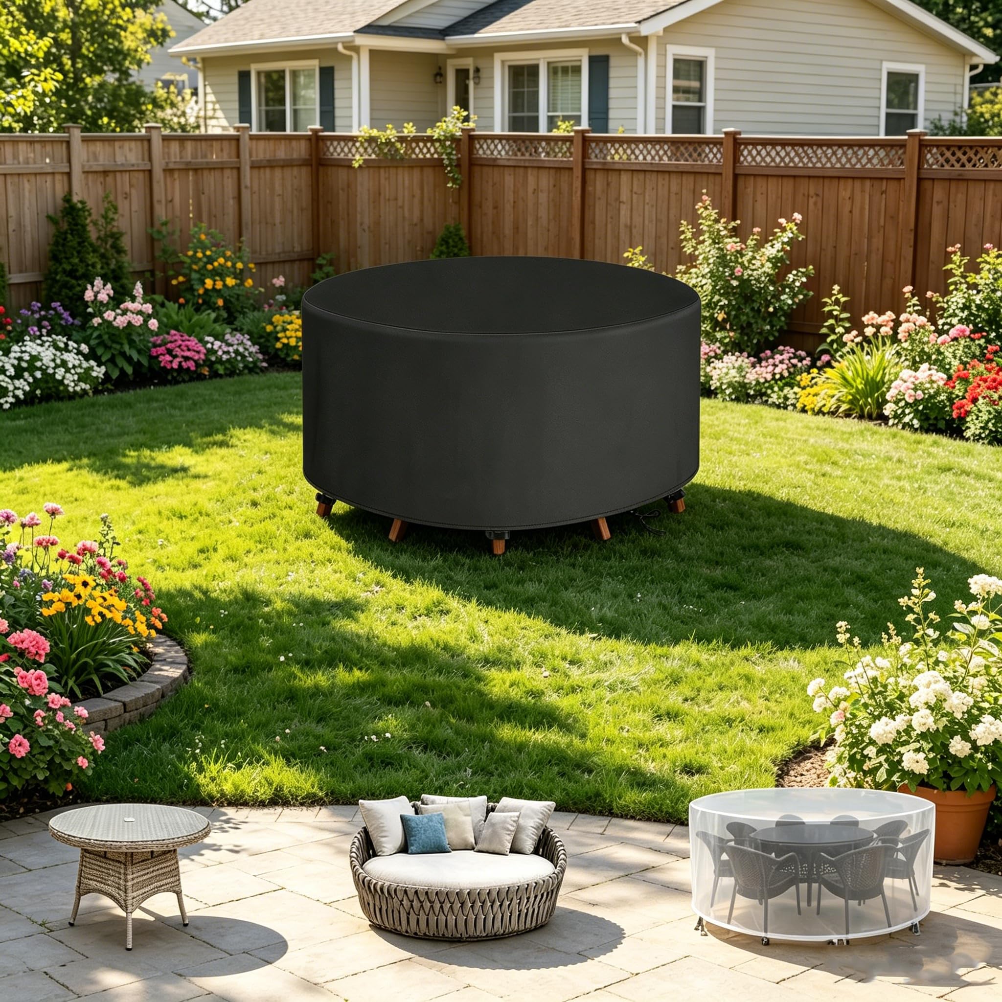 DSRDRFG Round Garden Furniture Covers Ø260x95cm Circular Outdoor Table Cover, Circular Outdoor Patio Table Set Cover, 420D Waterproof Windproof Anti-UV Protective for Rattan Furniture Set, Black