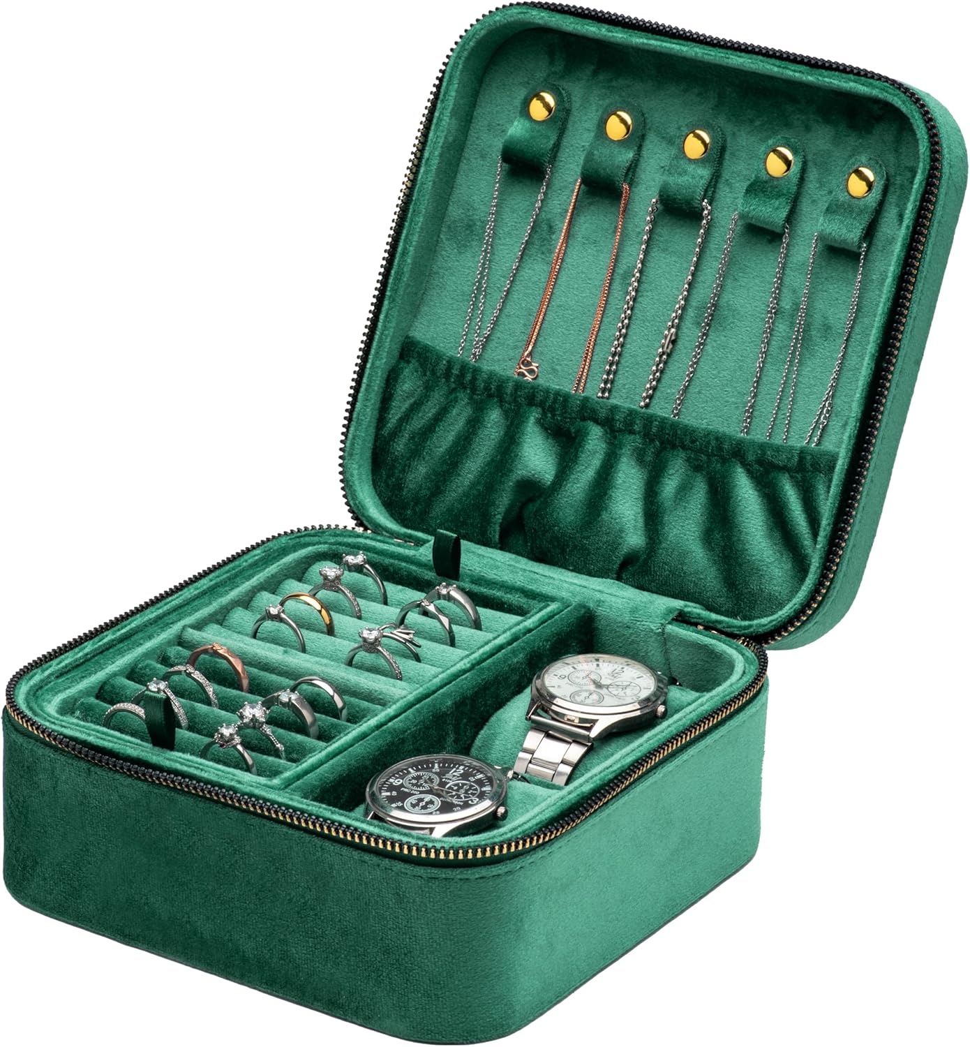Velvet Multiple Square Ring Box Jewelry Organizer Display Tray with Zipper Around, Earring Watch Necklace Holder Case for Wedding Birthday Christmas Valentine Day (Green)