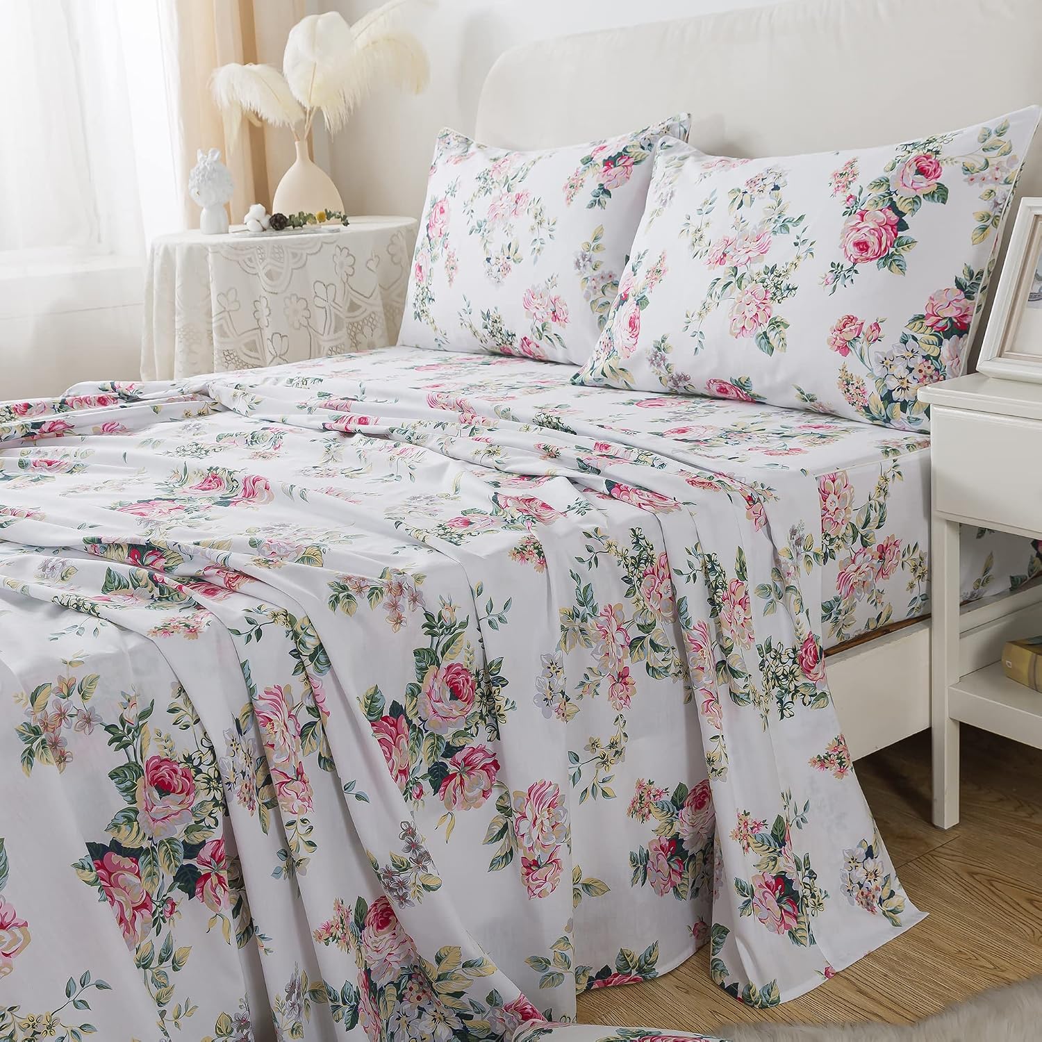 FADFAY Sheets Set Queen Pink Rose Floral Shabby Peony Flower Bed Sheet Set Vintage Farmhouse 100% Cotton Ultra Soft Breathable With Deep Pocket Fitted Sheet 4Pcs, Queen Size