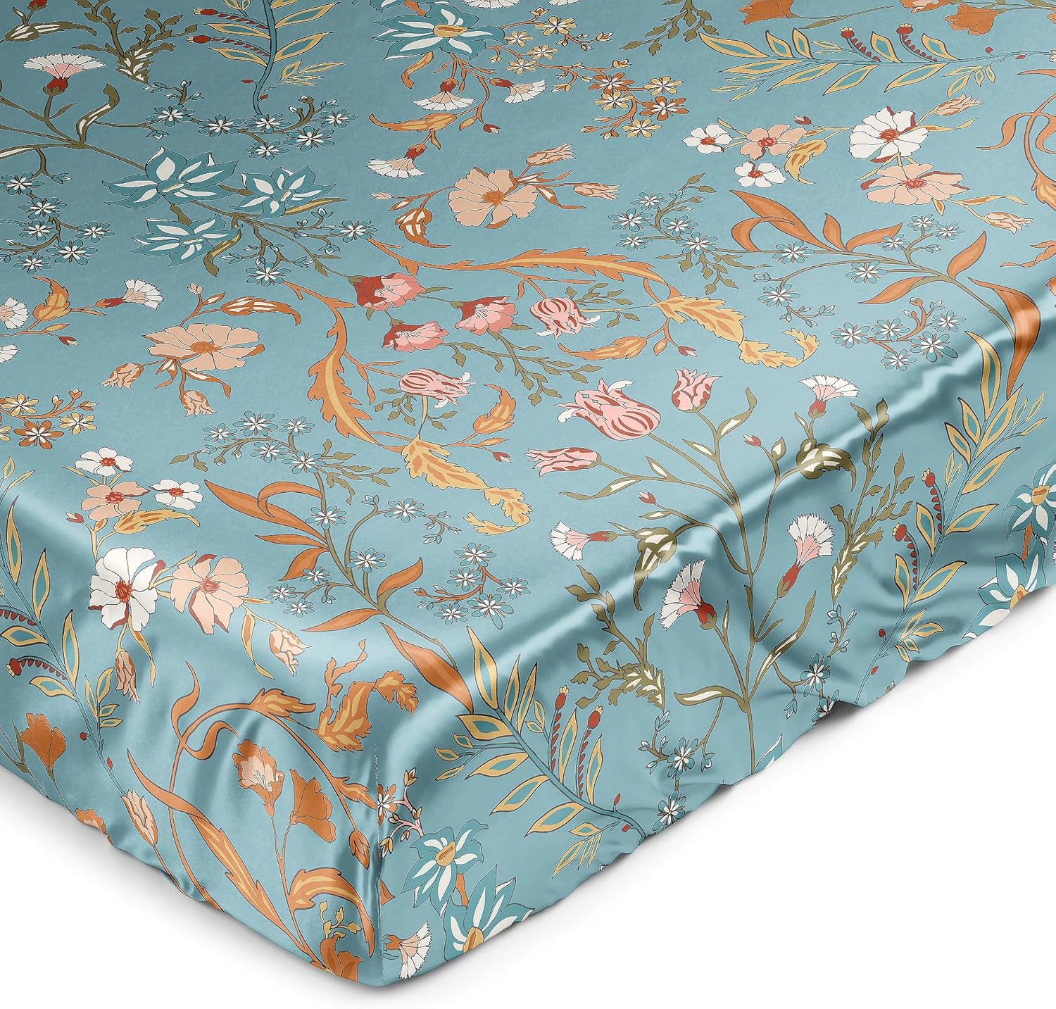 Sweet Jojo Designs Boho Wildflower Vintage Floral Girl Baby Satin Fitted Crib Sheet Infant Newborn Nursery Toddler Bed Room Standard Mattress Turquoise Orange Botanical Bohemian Farmhouse Cottagecore