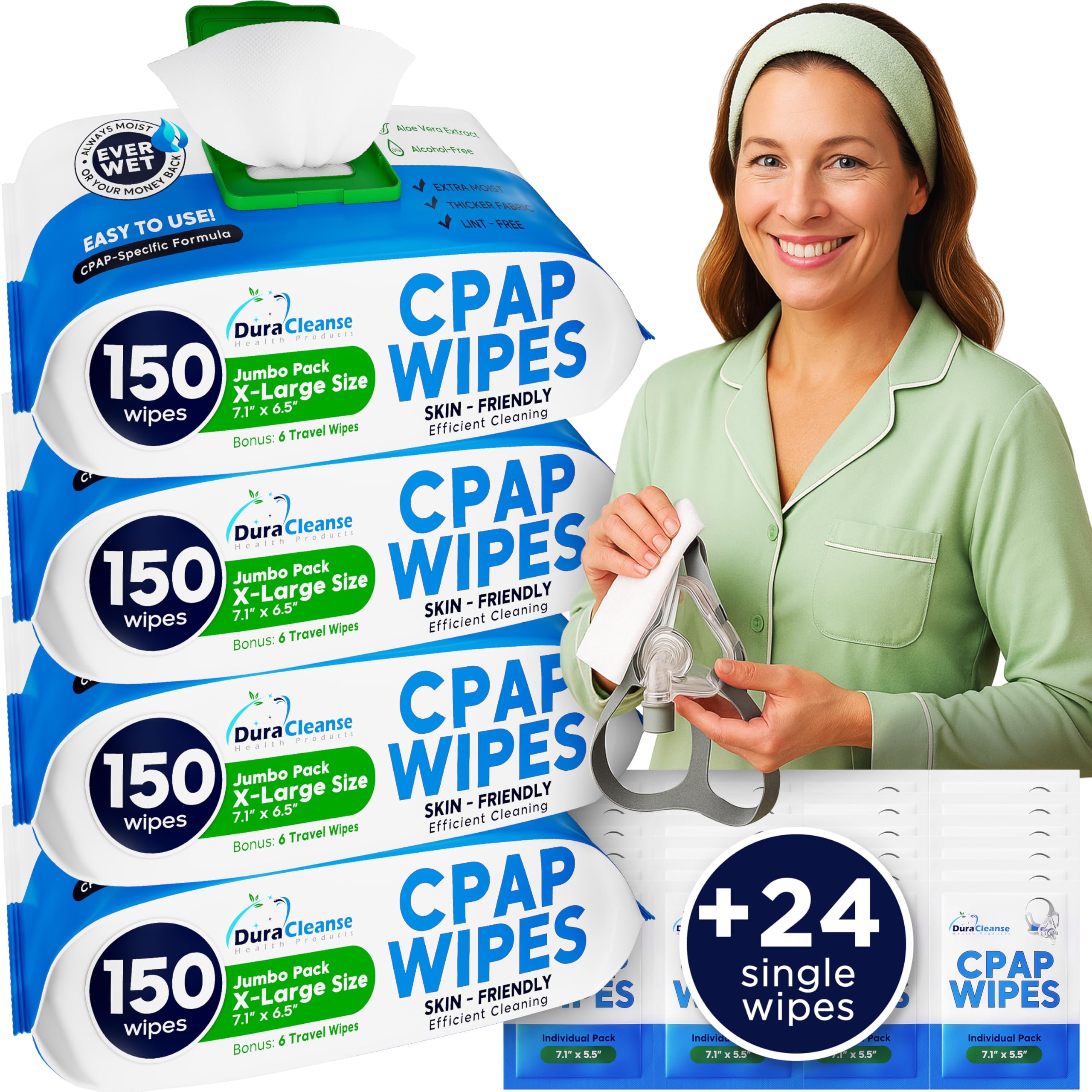 Dura Cleanse CPAP Mask Cleaning Wipes - 4 Pack, 4x150 Count + 24 Travel Sheets - Extra Large and Moist Cleaning Wipes for Full Face, Nasal Masks, CPAP Machines & Supplies - Skin Safe with Aloe Vera