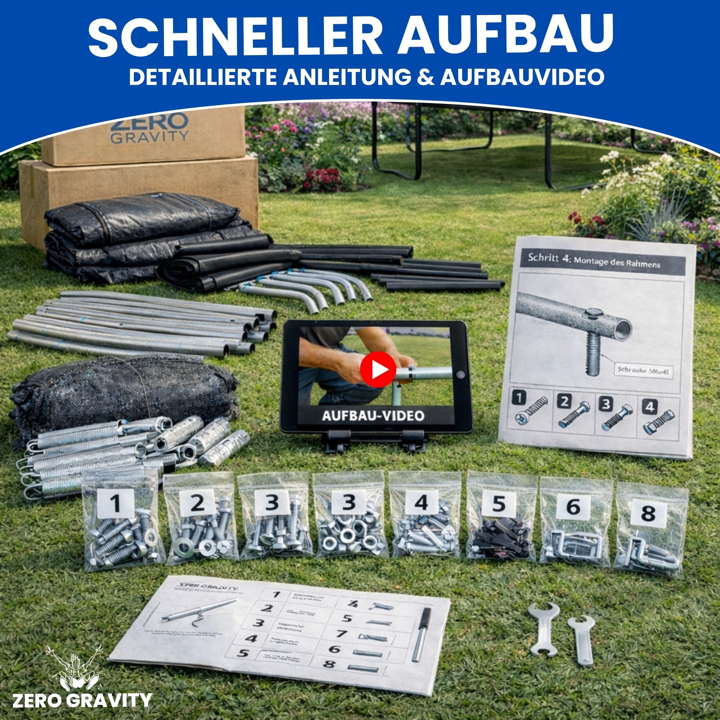 Zero Gravity Trampolin Outdoor Ø 183/244/305/366/427 cm, TÜV GS, Smartes Klappnetz für schnellen Auf- und Abbau, Outdoor Trampolin Komplett-Set inkl. Leiter, Aufbauvideo, Ultima 4 Modelle