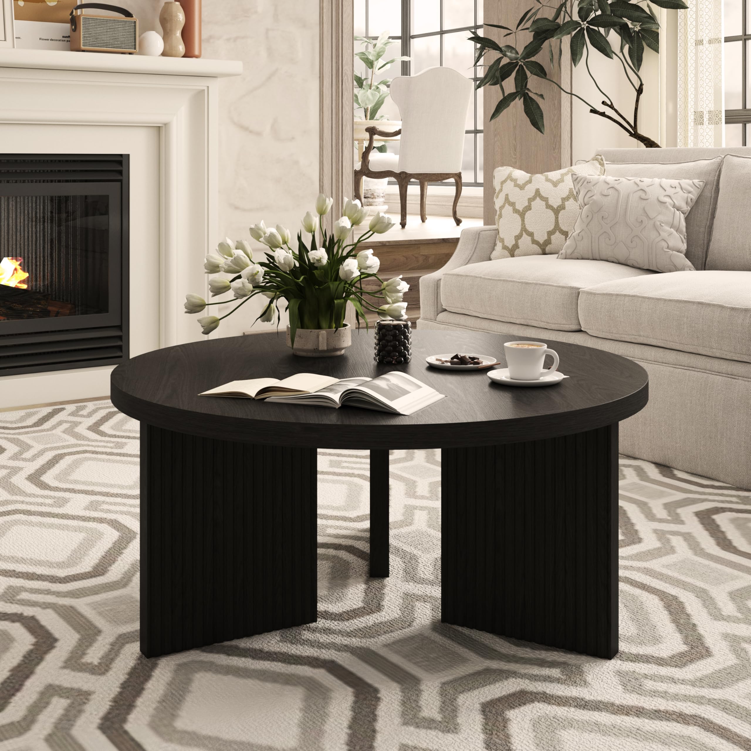 Wooden Round Coffee Table, 35" Coffee Table with Smooth Thick Mesa, Low Circle Center Table with X Shaped Stable Legs, Accent Tea Table for Living Room, Office, Black