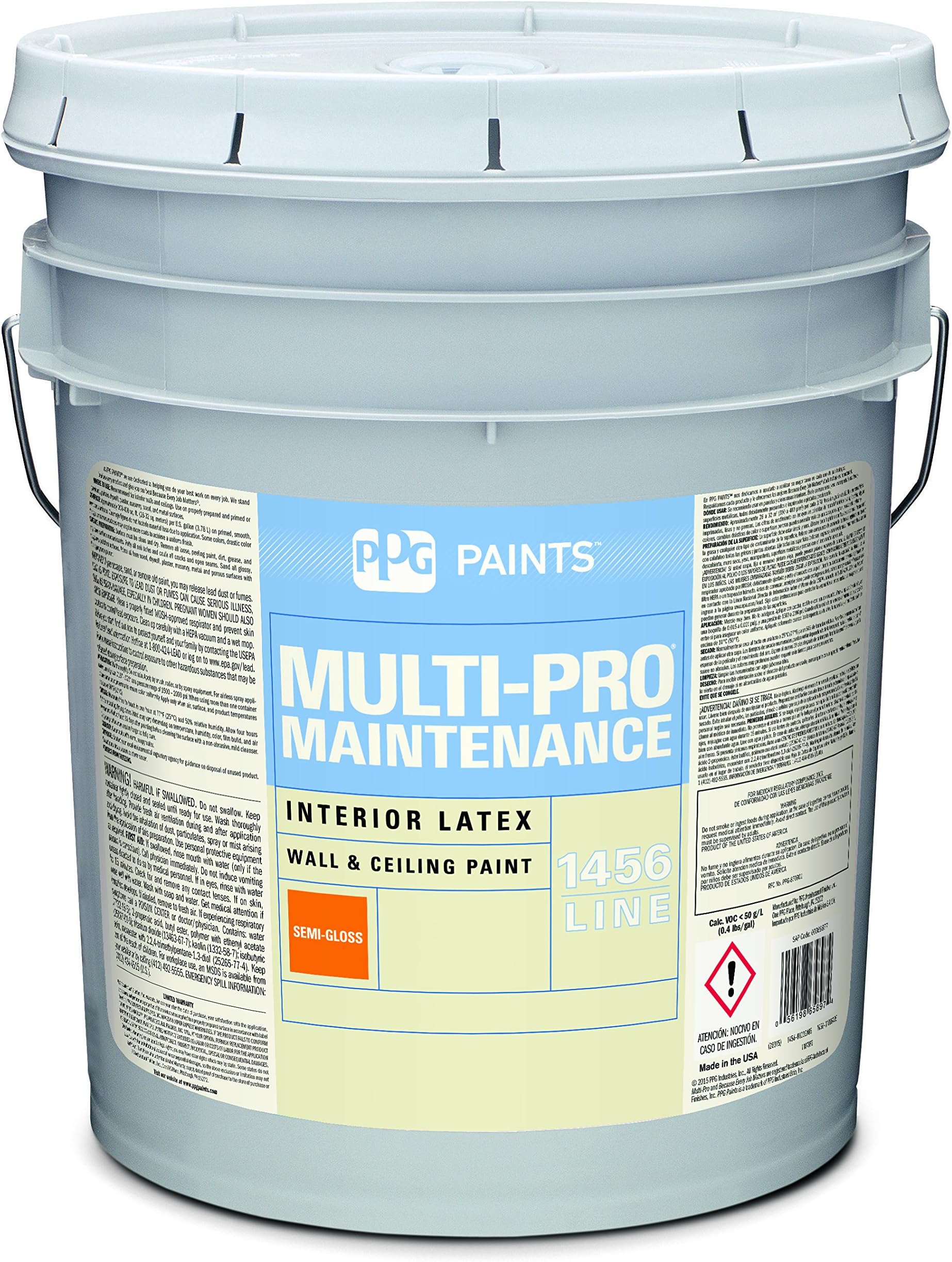 Latex Paint, White, Semi-Gloss, 5 gal, Multi-Pro Maintenance, Interior Paints for Rooms