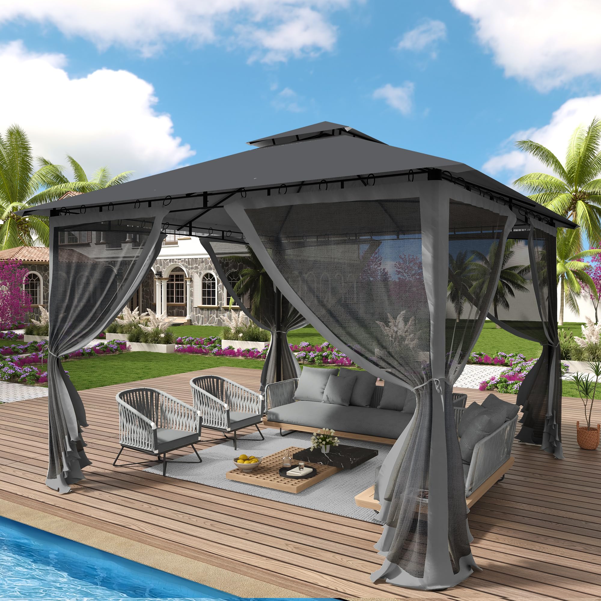 UDPATIO Pavillon 3,35x3,35m Wasserdicht Stabil Winterfest, Gartenpavillon mit Doppeldach, Moskitonetz und Metallrahmen, Doppeldach Gartenlaube für Garten, Terrassen (Grau)