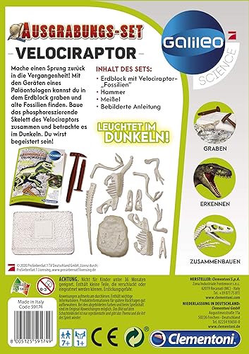 Miniatura 4 de CLEMENTONI 59174 Galileo Science Excavation Kit Velociraptor Juguete para niños mayores de 7 años cavando fósiles de dinosaurios con martillo y