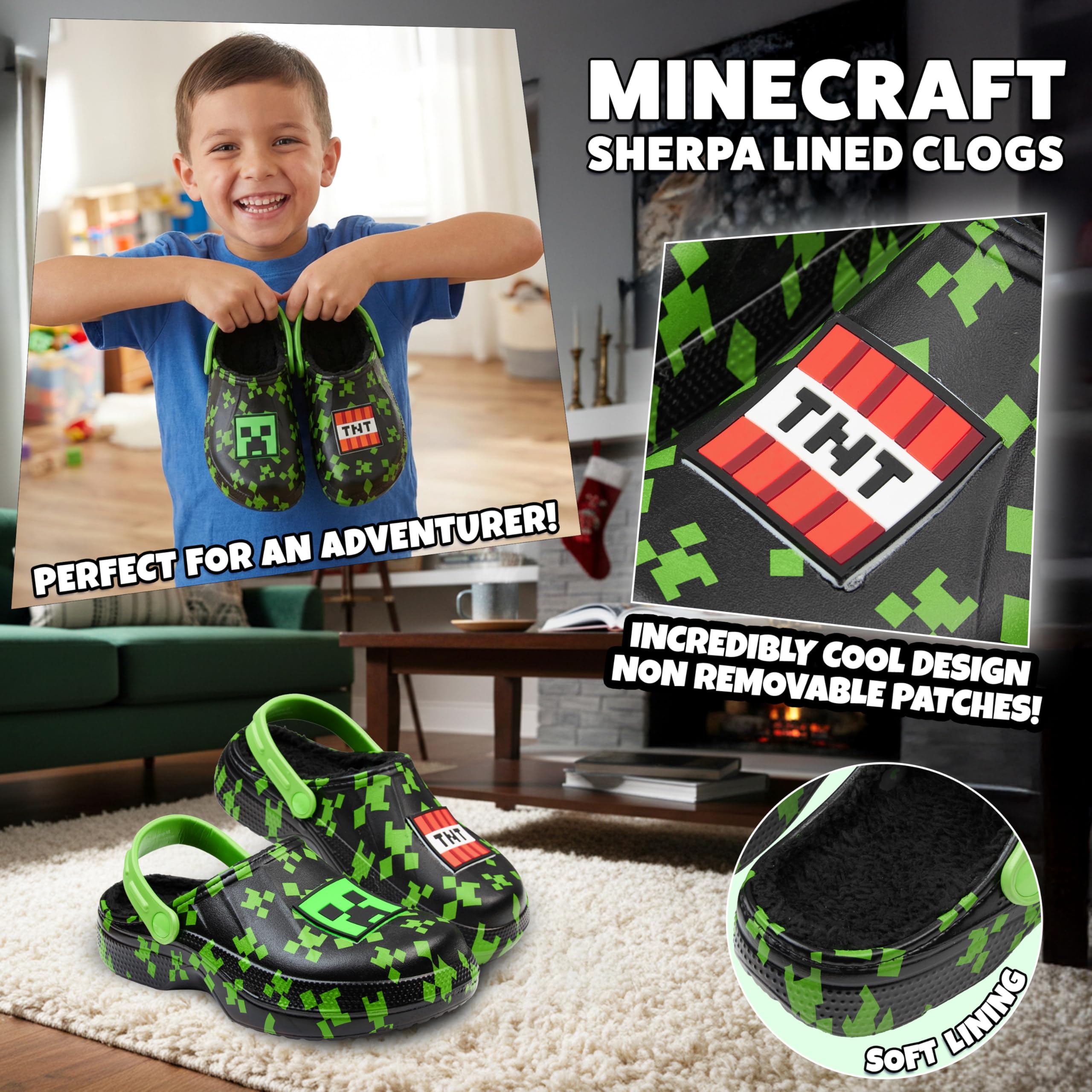 Minecraft Sabot Enfant, Chaussons Enfant avec Doublure Polaire et Accent Décoratifs, Sabot Jardin, Cosy Idee Cadeau