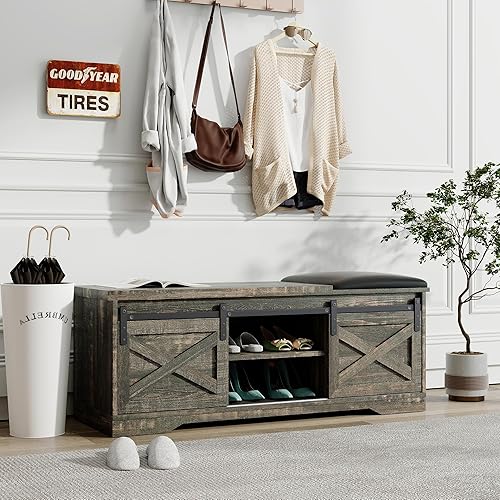 Miniatura 2 de Holaki Moderno banco de zapatos estilo granja con puertas correderas y grandes espacios, blanco, madera