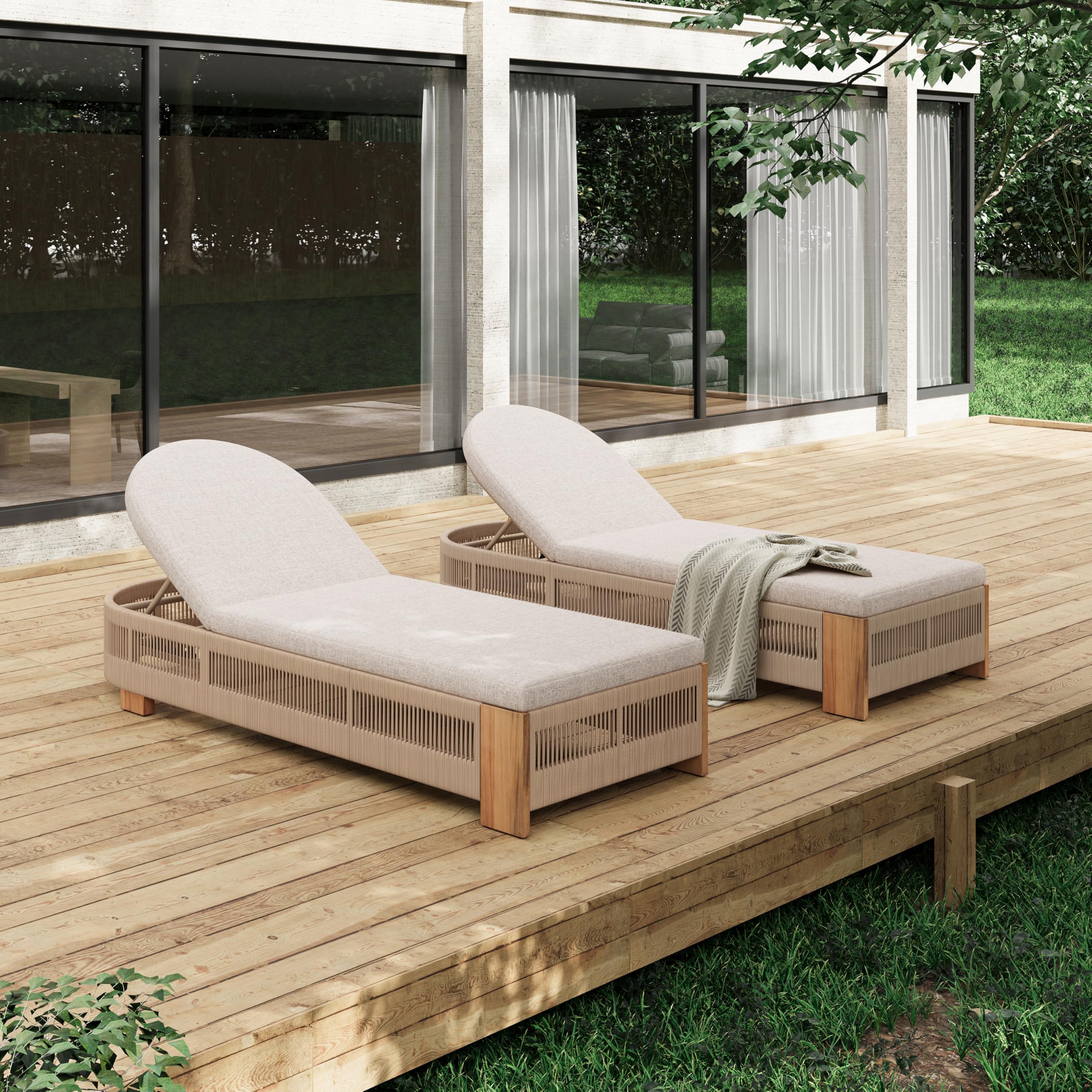 Photo 1 of ***MISSING CUSHIONS*** **only 1** Merax 2-Piece Outdoor Chaise Lounge Chair with Adjustable Backrest & Waterproof Cushion - Acacia Wood Pool Sun Lounger for Patio, Beach, Yard, Garden, Beige