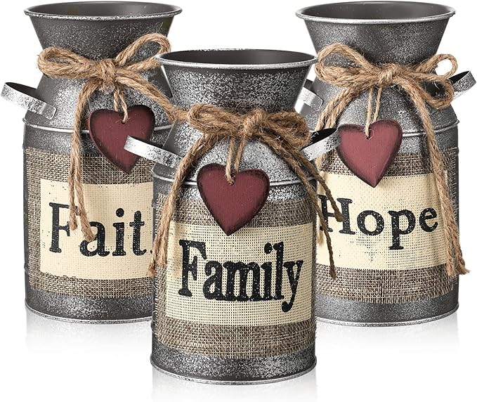 Chengu 3 Pcs 7.5 Inch Rustic Decorative Vase Metal Milk Can Farmhouse Vases Kitchen Decorations Above Cabinets Country Jug Milk Jug for Living Room Bedroom Kitchen Bathroom Table, Hope, Faith, Family