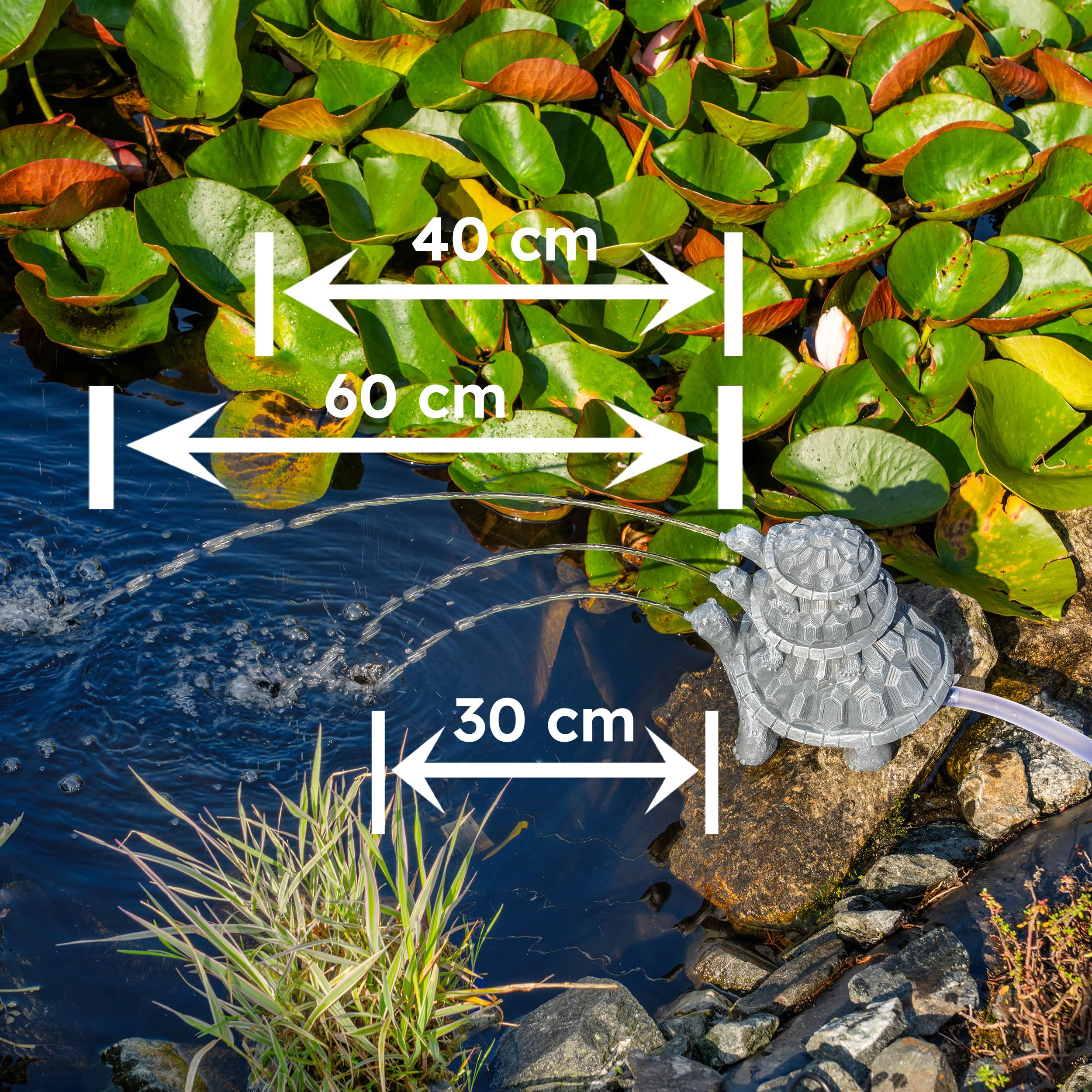 Esotec Solar Wasserspeier Komplettset, Schildkröten Trio, Gartenteich Wasserspiel, Vogeltränke, Gartenbrunnen mit Solarpumpe 610l/h, H=24cm 101686