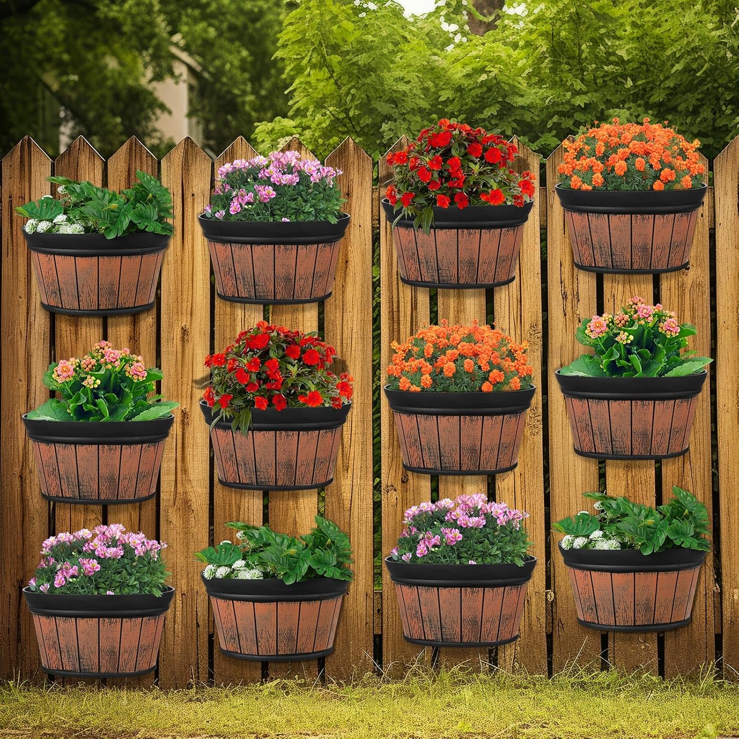 12 Pcs Wall Hanging Planters 10 inch Outdoor Wine Barrel Planter Distressed Oak Thickened Plastic Water Storage Flower Pots for Plants Flower Indoor Outdoor Railing Fence