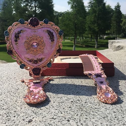Juego de espejos de mano, espejo de maquillaje con forma de corazón vintage y peine floral antiguo castillo de princesa, espejo de tocador cosmético