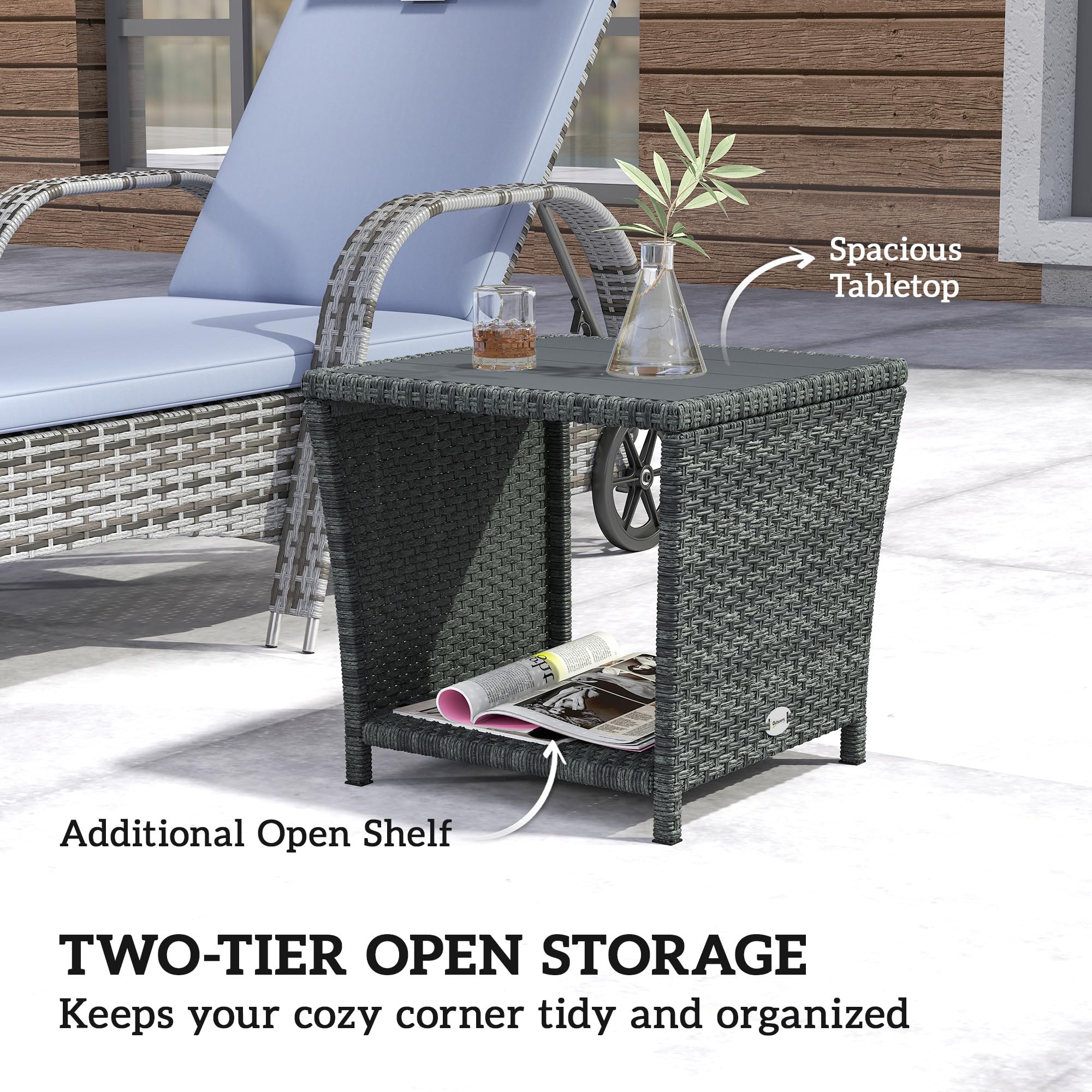 Outsunny 2-Tier PE Rattan Side Table with Storage Shelf, Square Outdoor Coffee Table with PS Wood Slat Top, UV-Resistant for Patio, Garden, Balcony, Grey — view 4