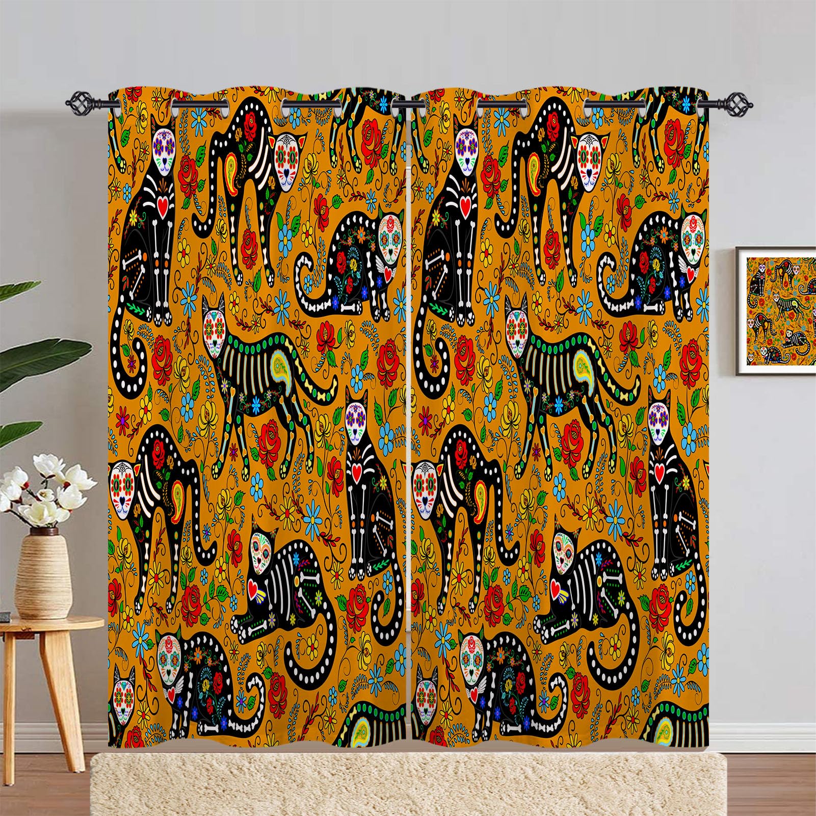 ANHOPE Cat Curtains Eyelet Blackout Thermal Insulated Curtains Sugar Skull Black Animal Cats Print Pattern Soft Soundproof Privacy Window Drapes for Bedroom Living Room 46 x 90 Inch 2 Panels โ image 1