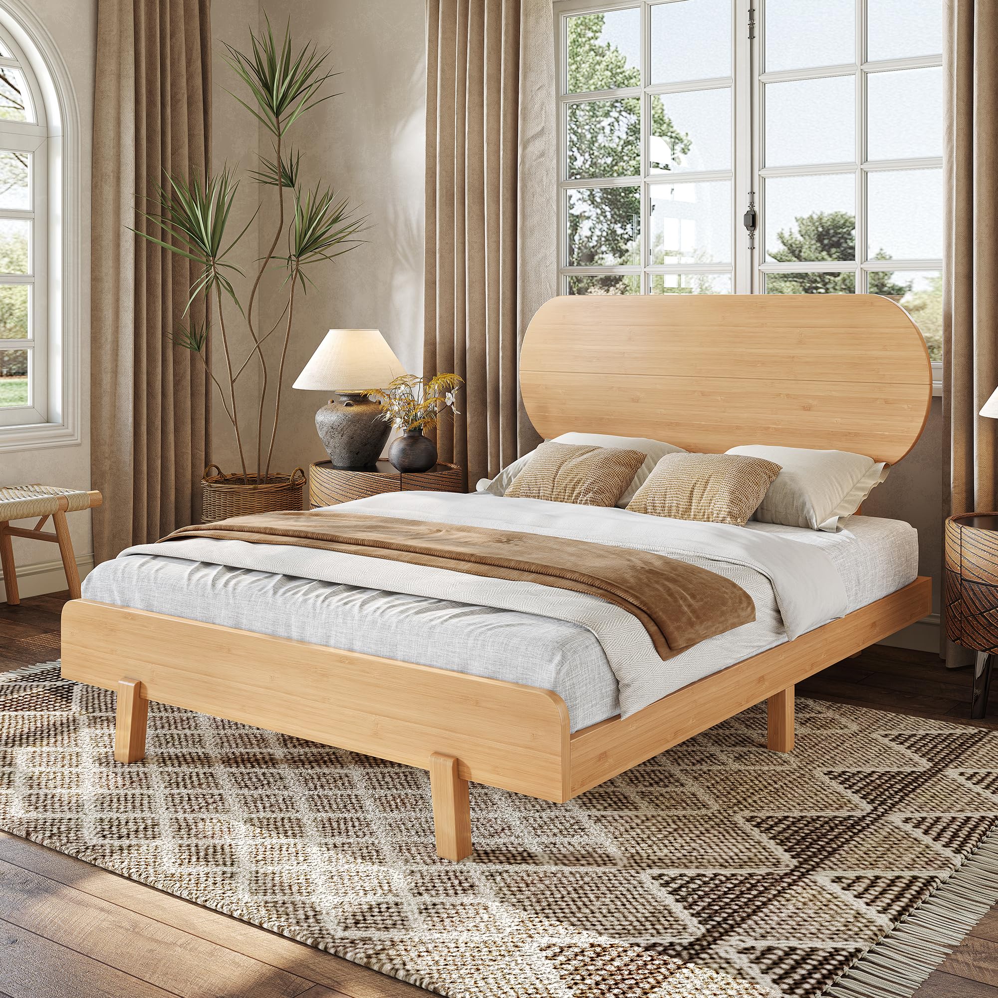 Bellemave Full Size Bamboo Bed Frame with Headboard,Bamboo Platform Bed Frame Full Size with Rounded Headboard and Wood Slats,Easy Assembly,Natural